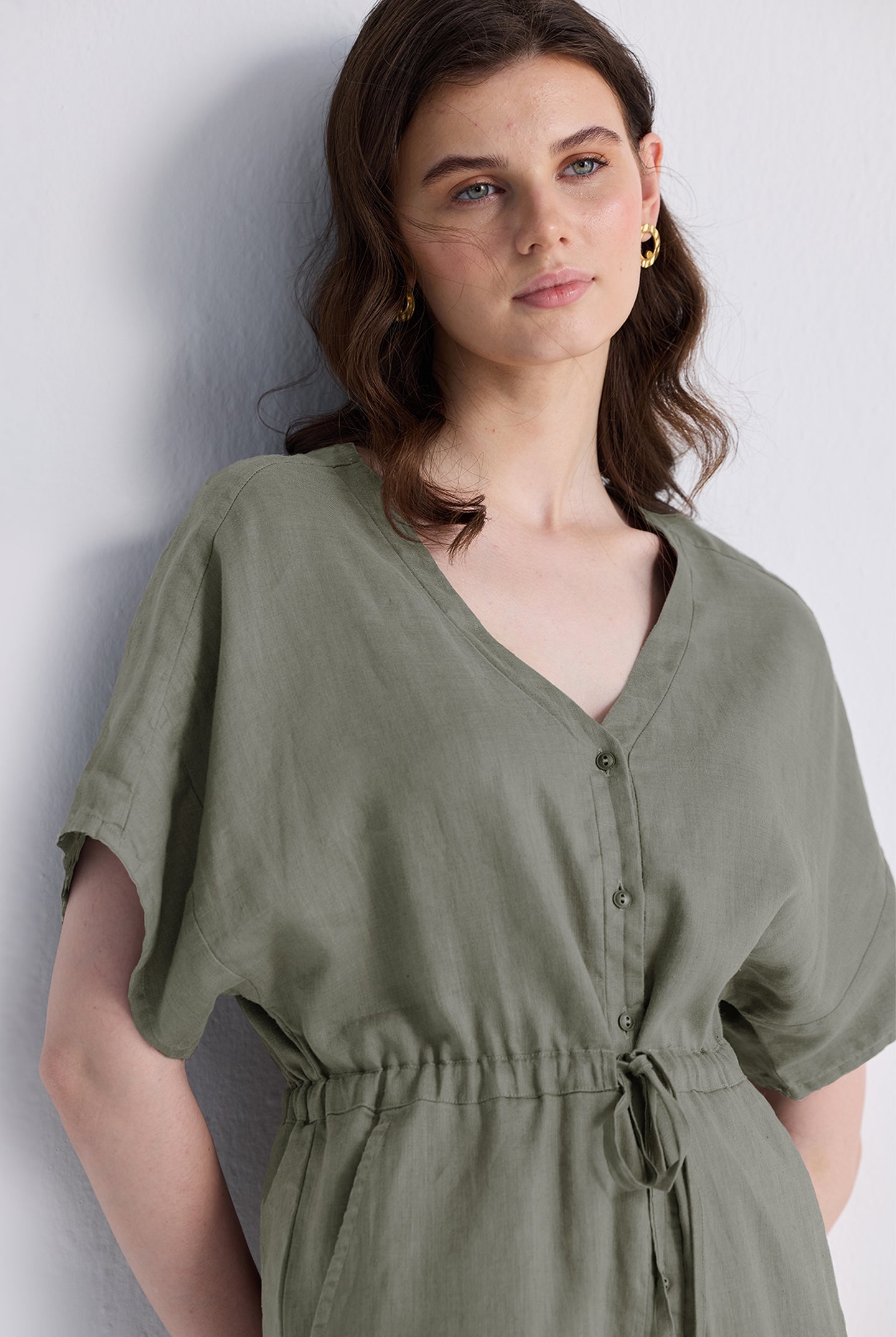 V neck Drawstring Romper in Dark Green Closeup Shot