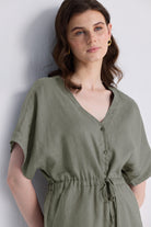 V neck Drawstring Romper in Dark Green Closeup Shot