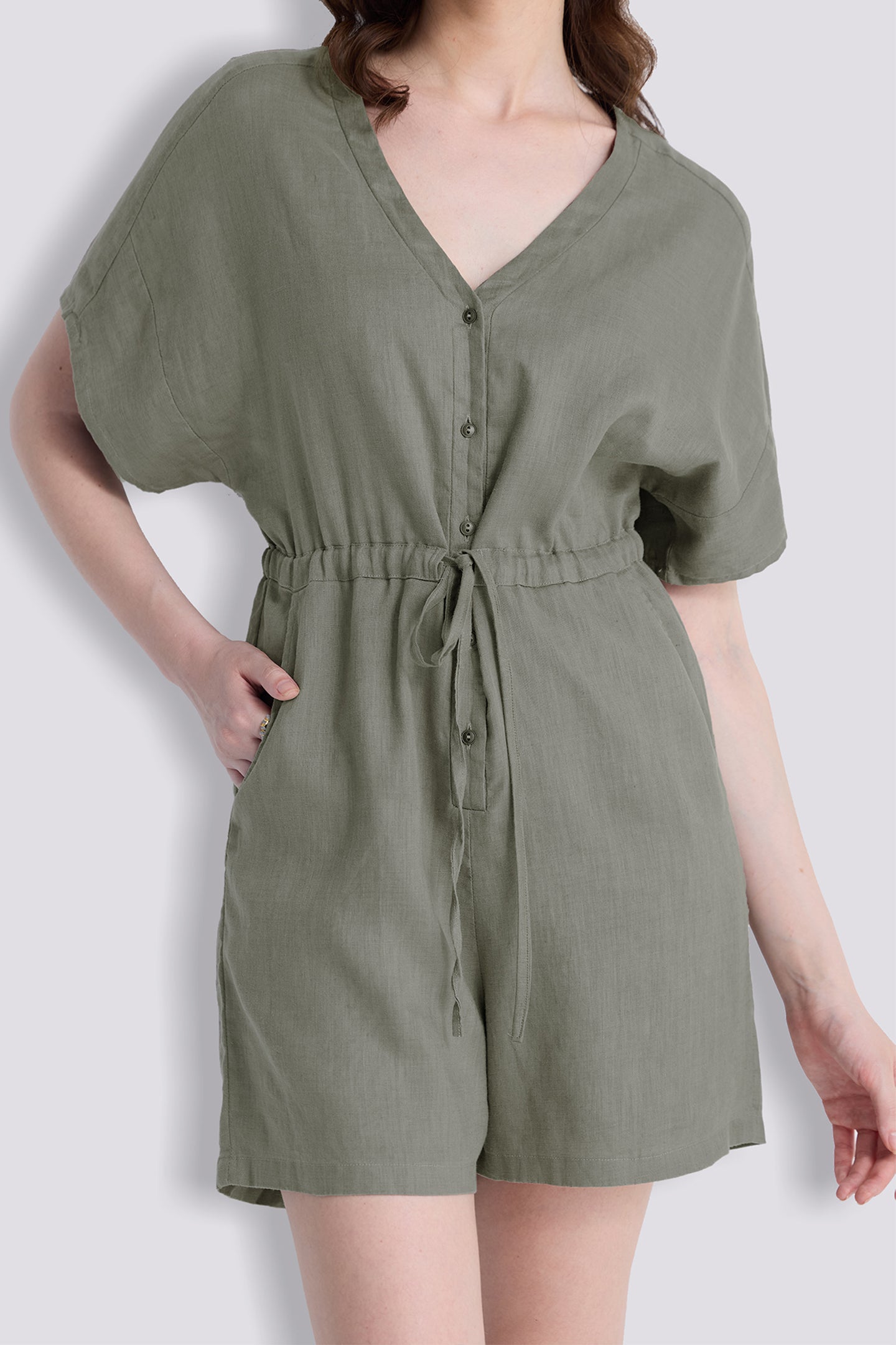 V neck Drawstring Romper in Dark Green Closeup