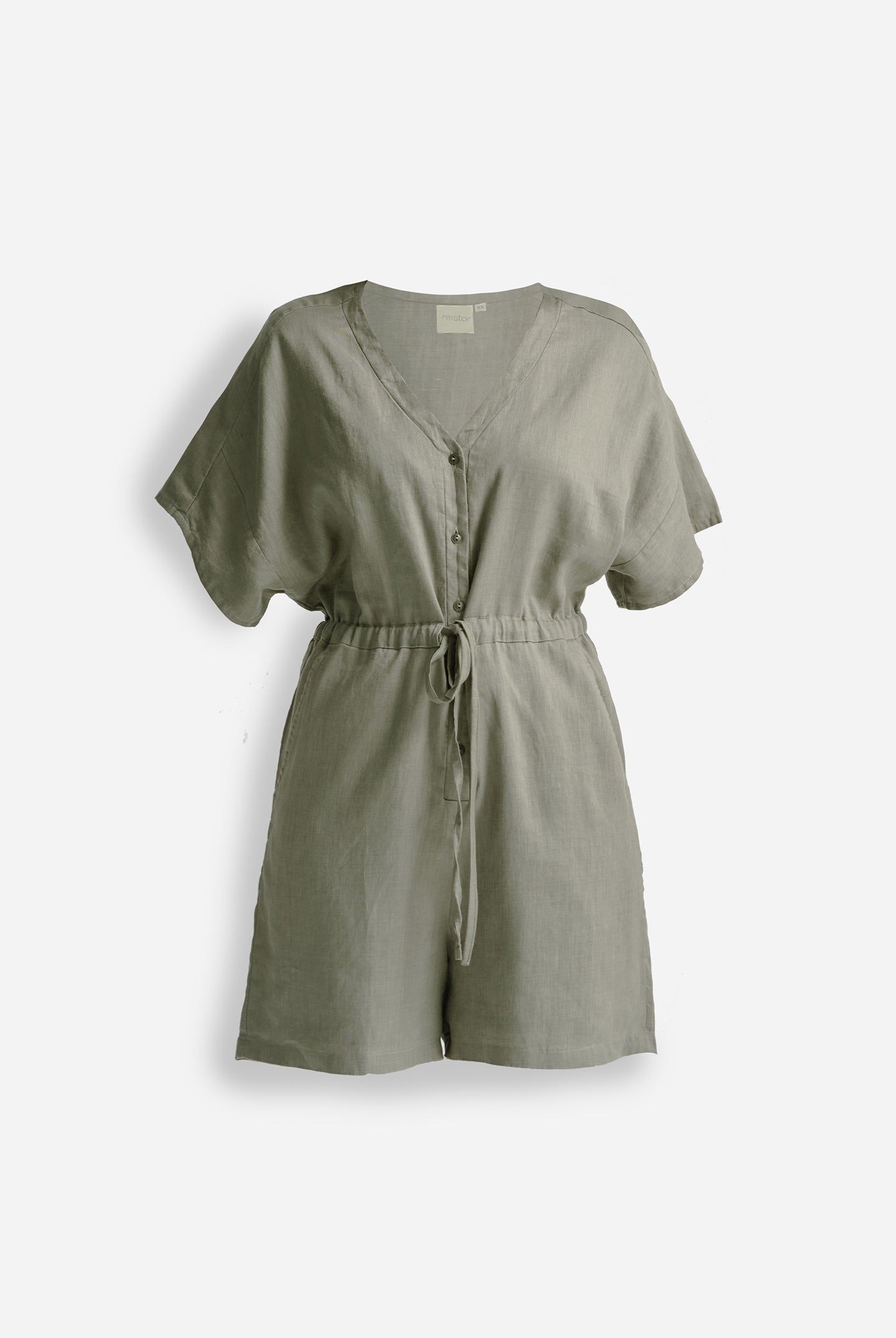 V neck Drawstring Romper in Dark Green Flat Lay