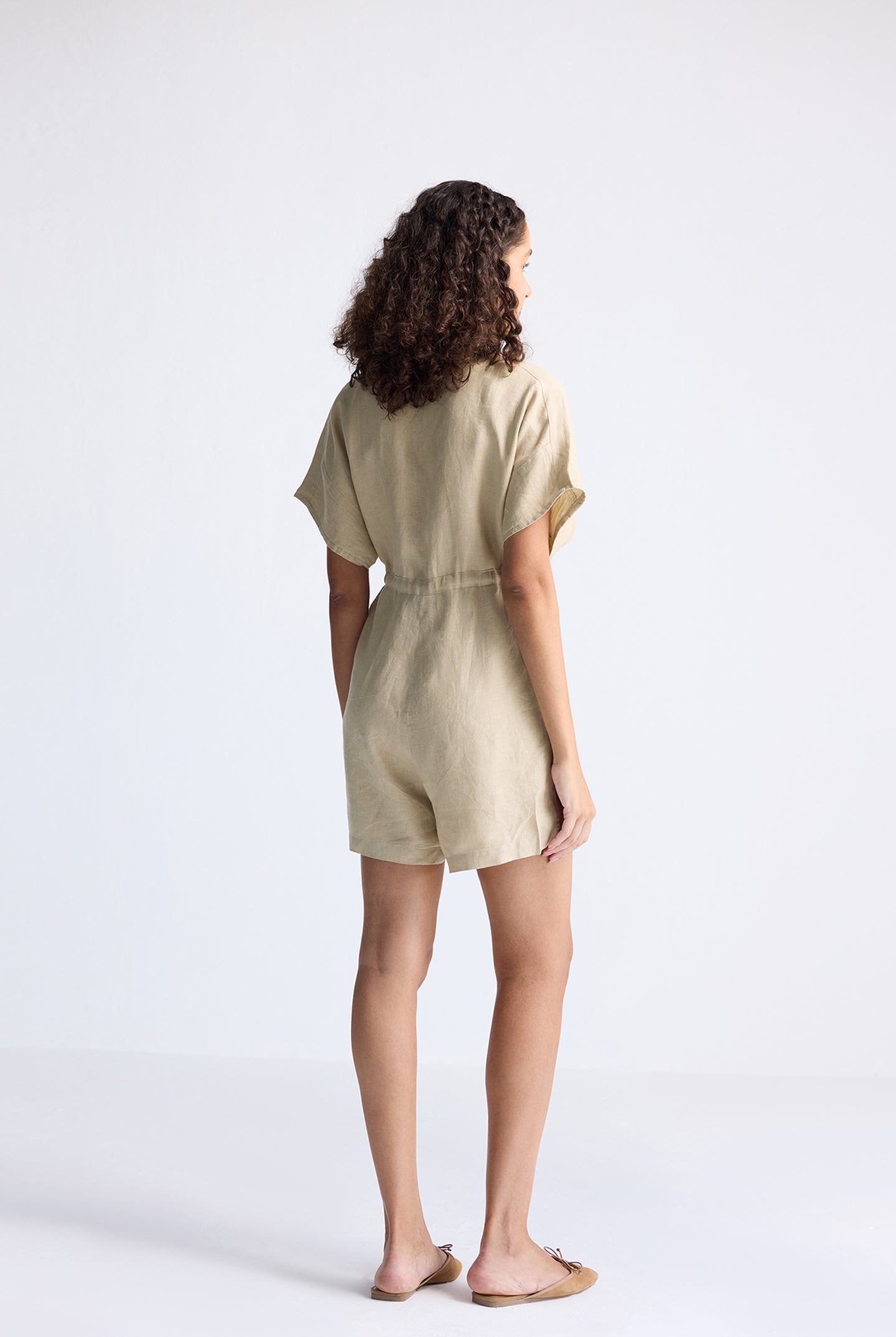 V neck Drawstring Romper in Neutral Beige Long Shot