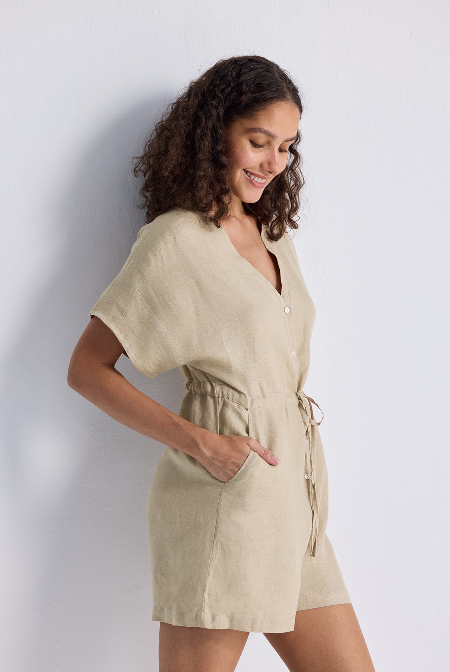 V neck Drawstring Romper in Neutral Beige Medium Shot