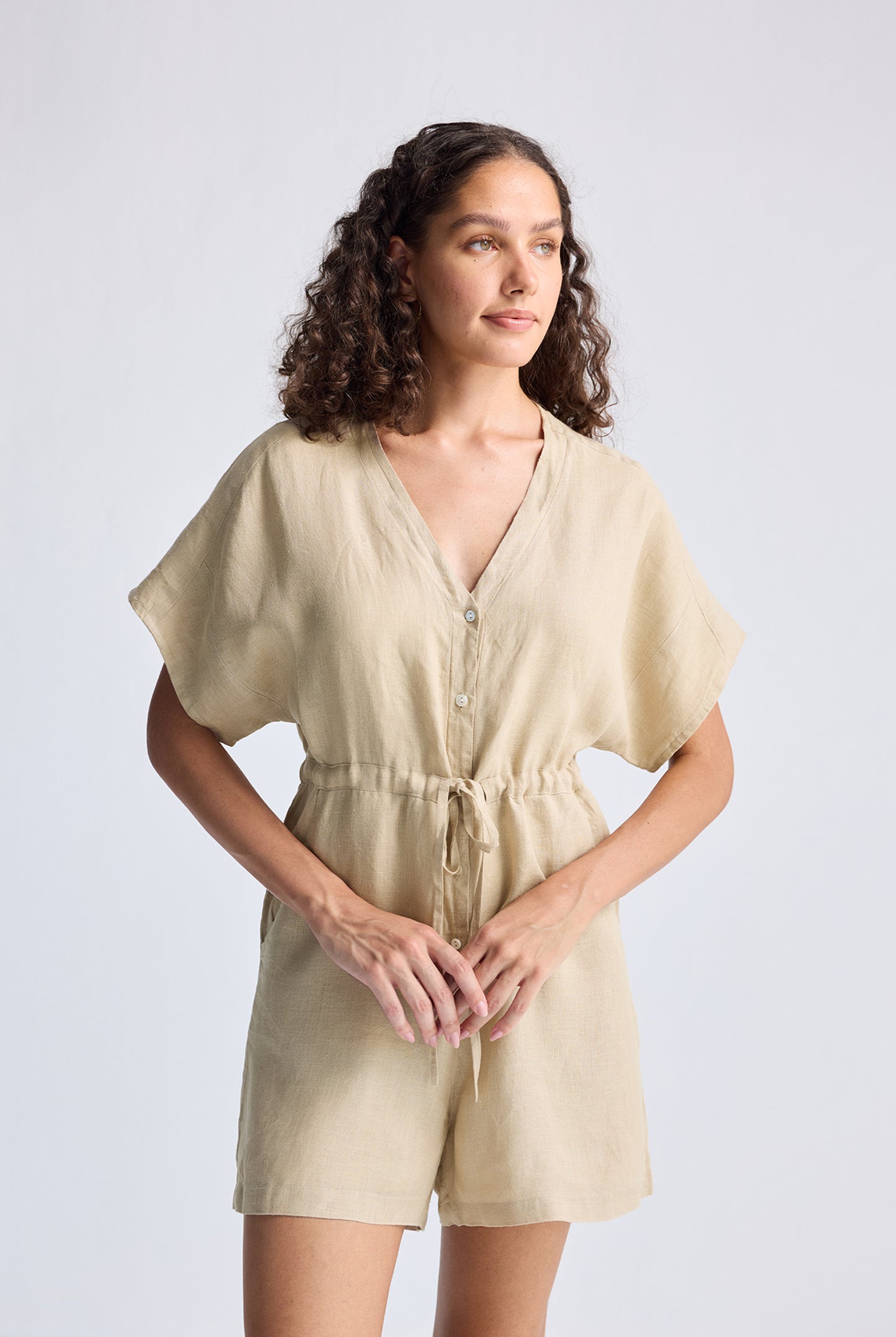 V neck Drawstring Romper in Neutral Beige Medium Shot