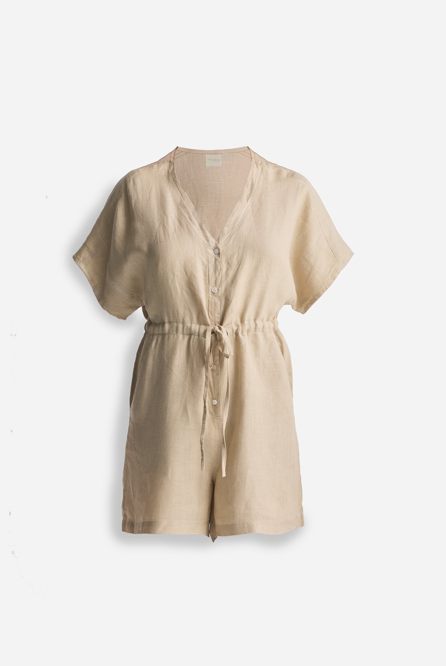 V neck Drawstring Romper in Neutral Beige Flat Lay