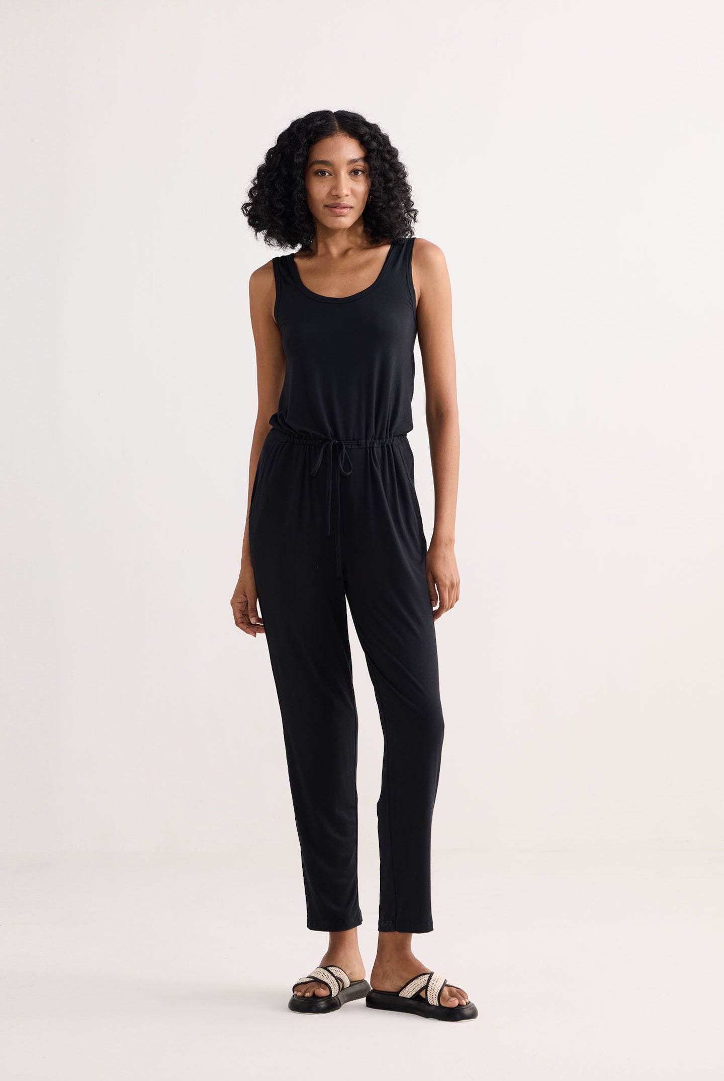 Relaxed Drawstring Jumpsuit in Black Front