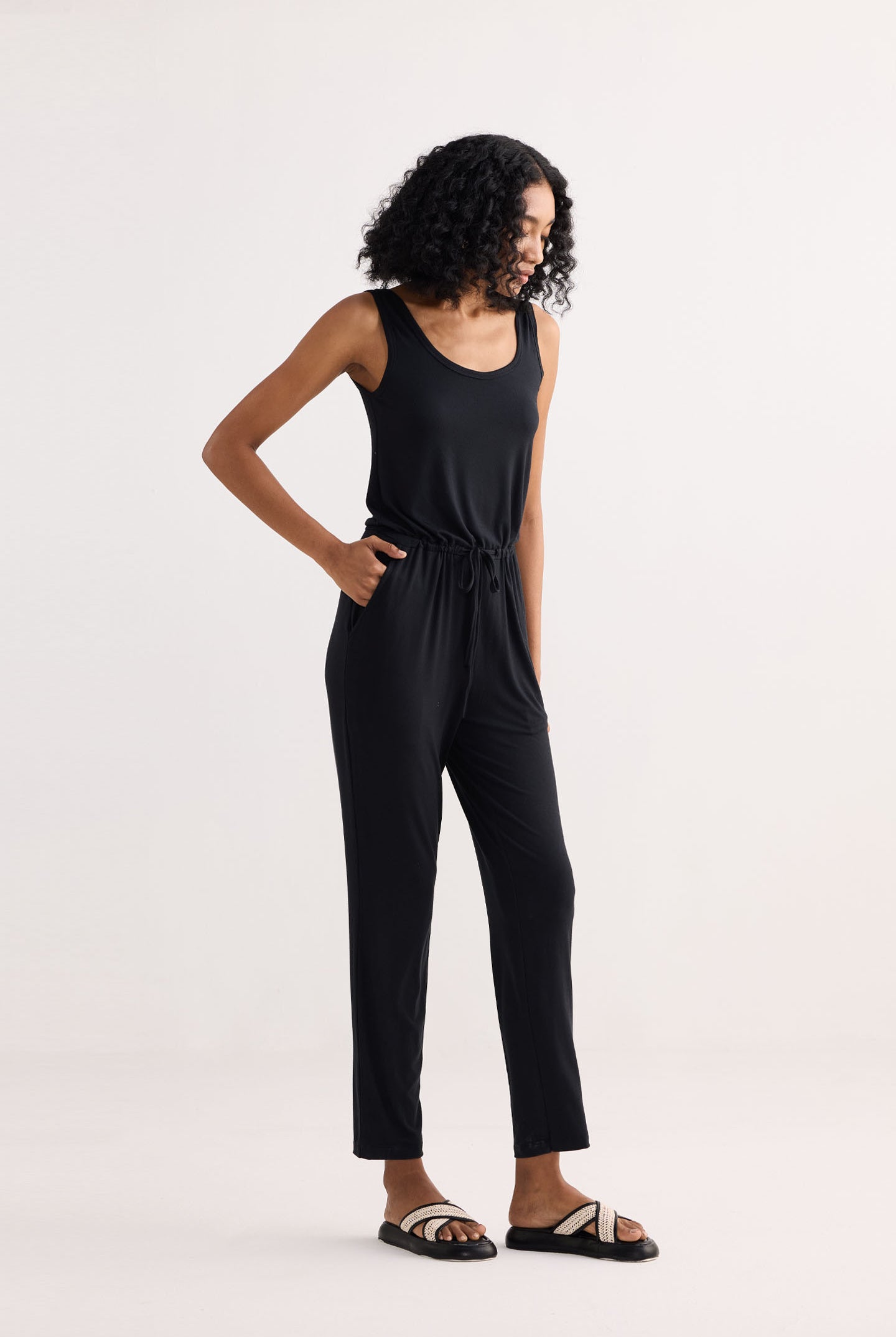 Relaxed Drawstring Jumpsuit in Black Side