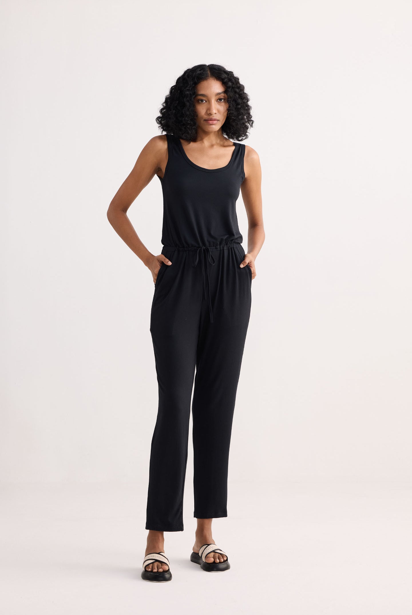 Relaxed Drawstring Jumpsuit in Black Front