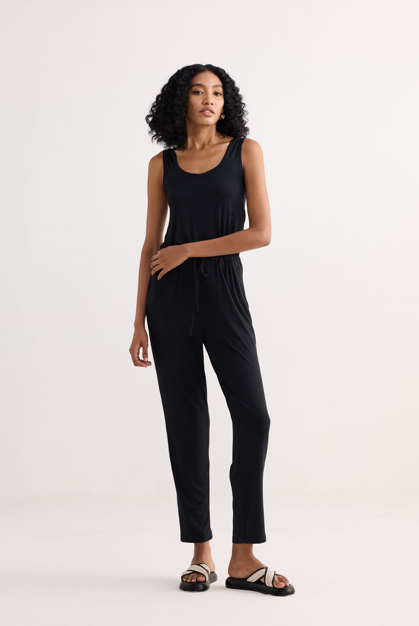 Relaxed Drawstring Jumpsuit in Black Front