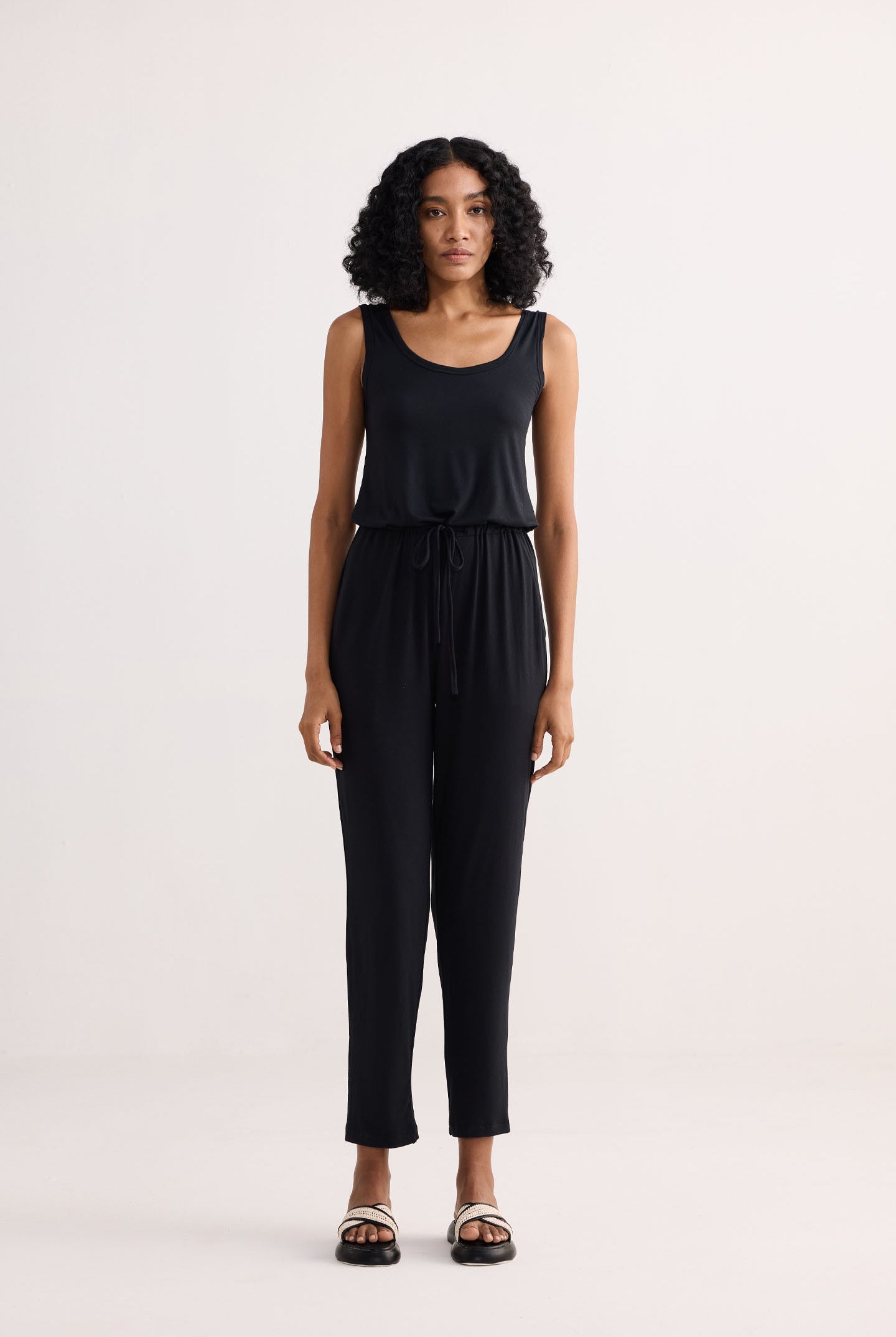 Relaxed Drawstring Jumpsuit in Black Front