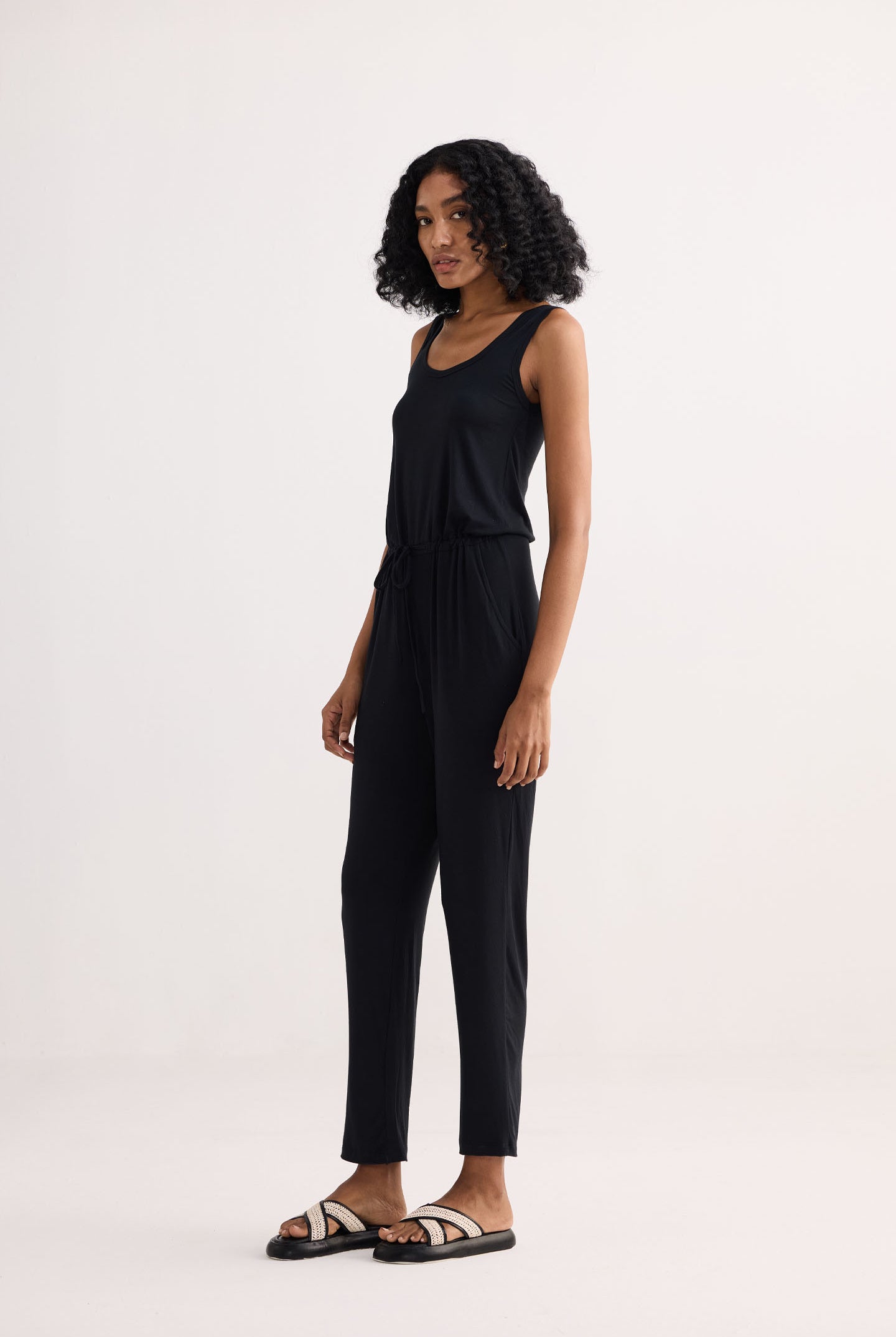 Relaxed Drawstring Jumpsuit in Black Side