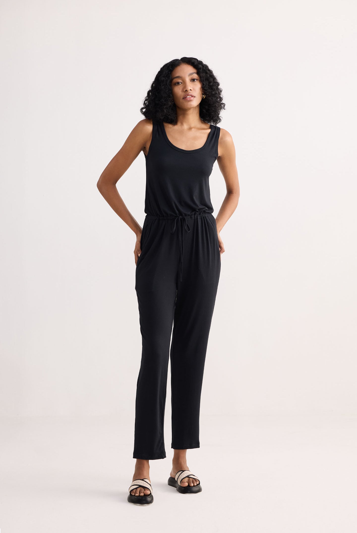 Relaxed Drawstring Jumpsuit in Black Front
