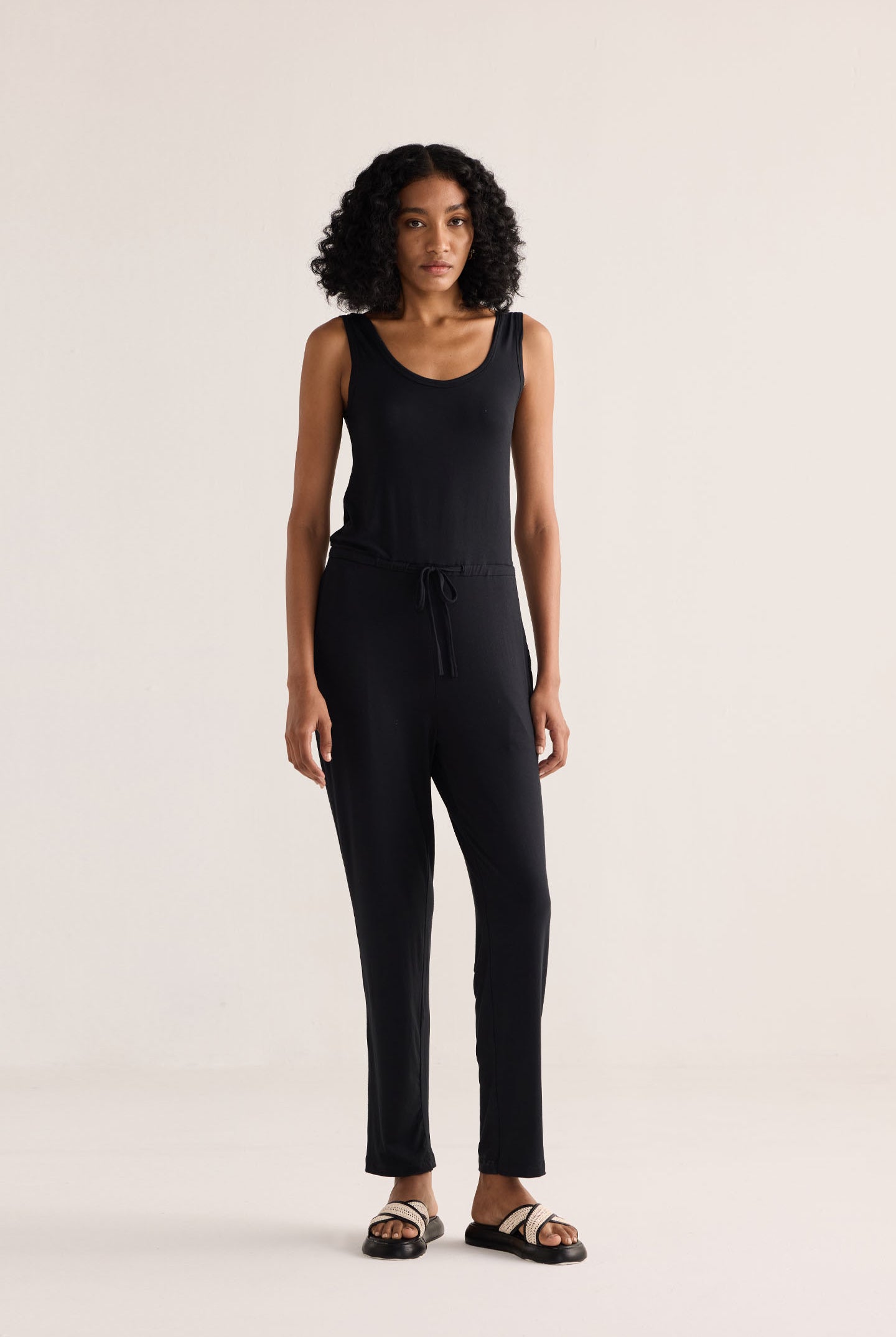 Relaxed Drawstring Jumpsuit in Black Front
