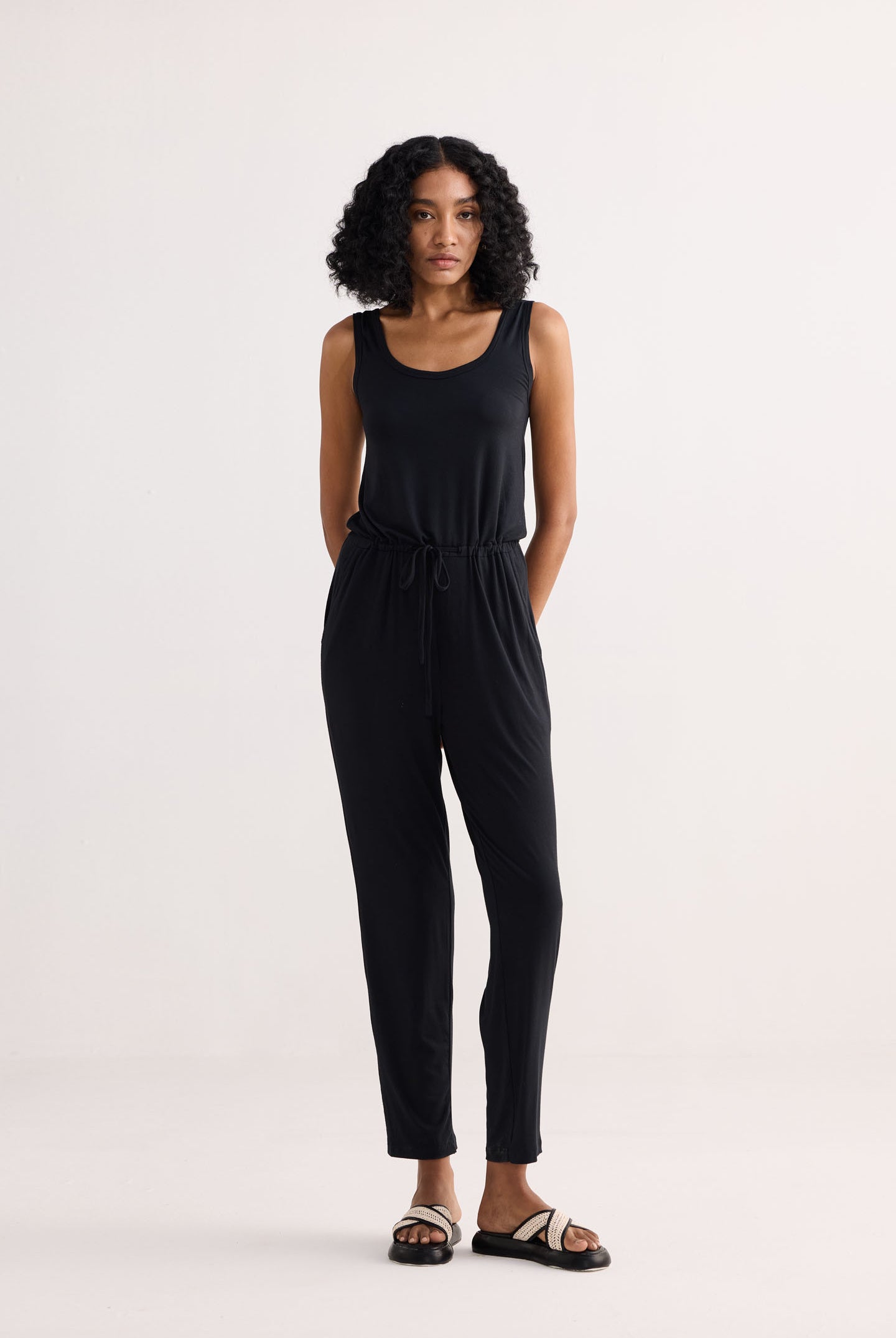 Relaxed Drawstring Jumpsuit in Black Front