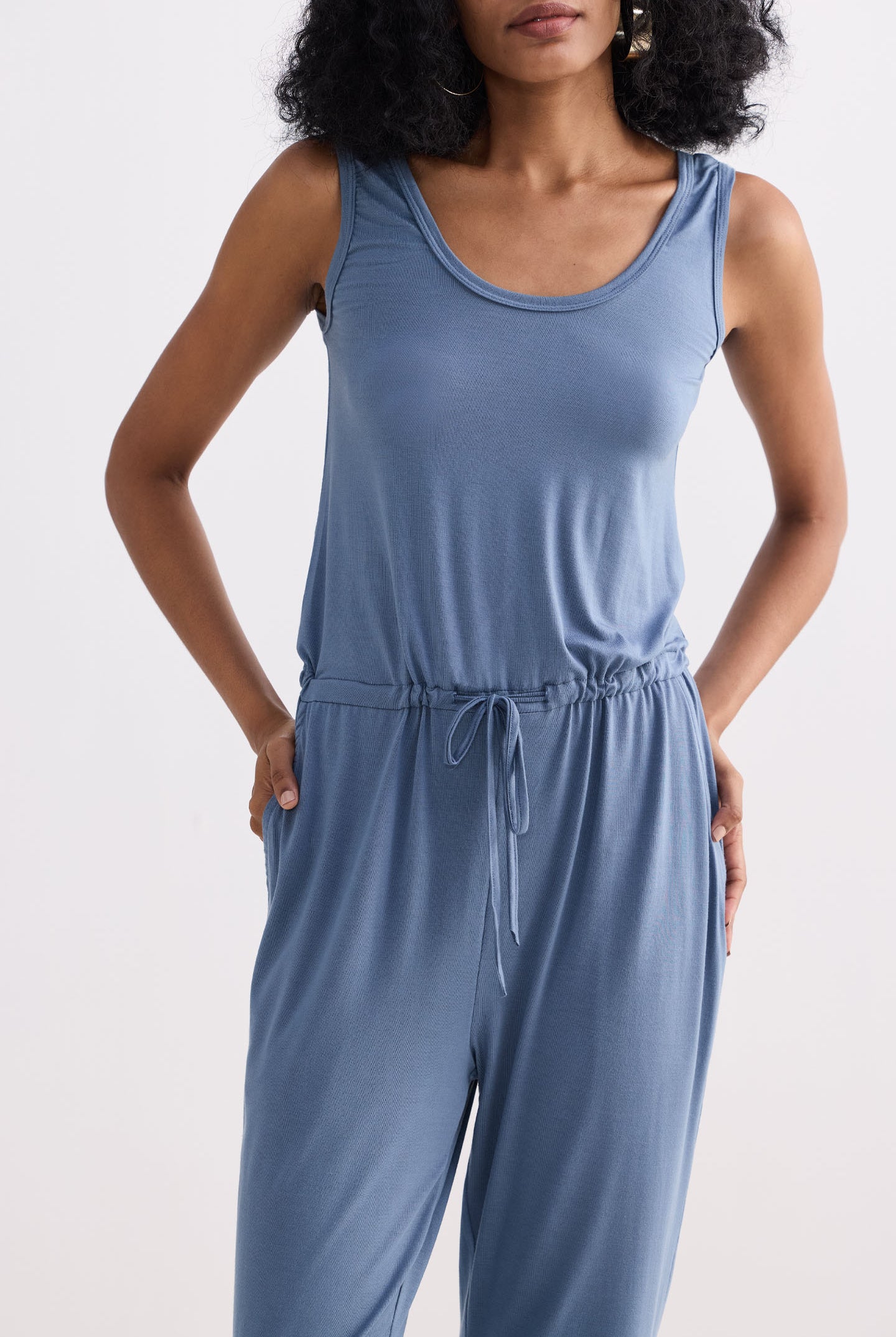Relaxed Drawstring Jumpsuit in Blue Closeup