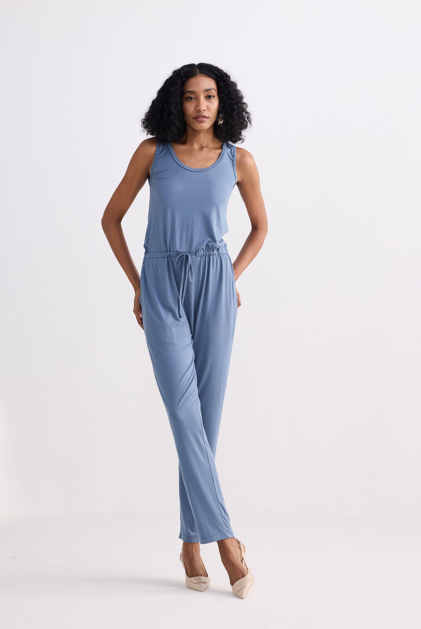 Relaxed Drawstring Jumpsuit in Blue Moodshot