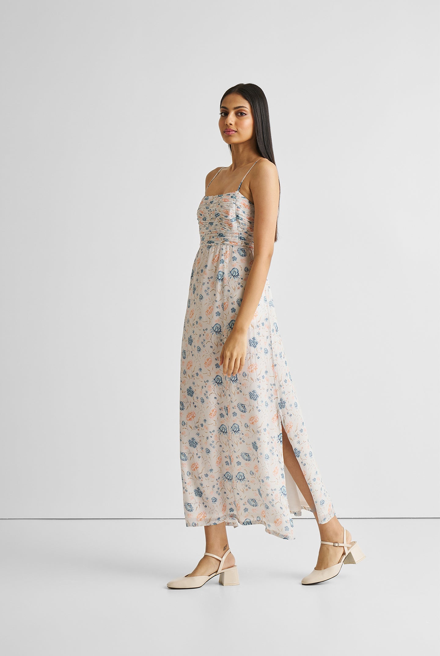 Ruched Strappy Maxi Dress Blue Florals