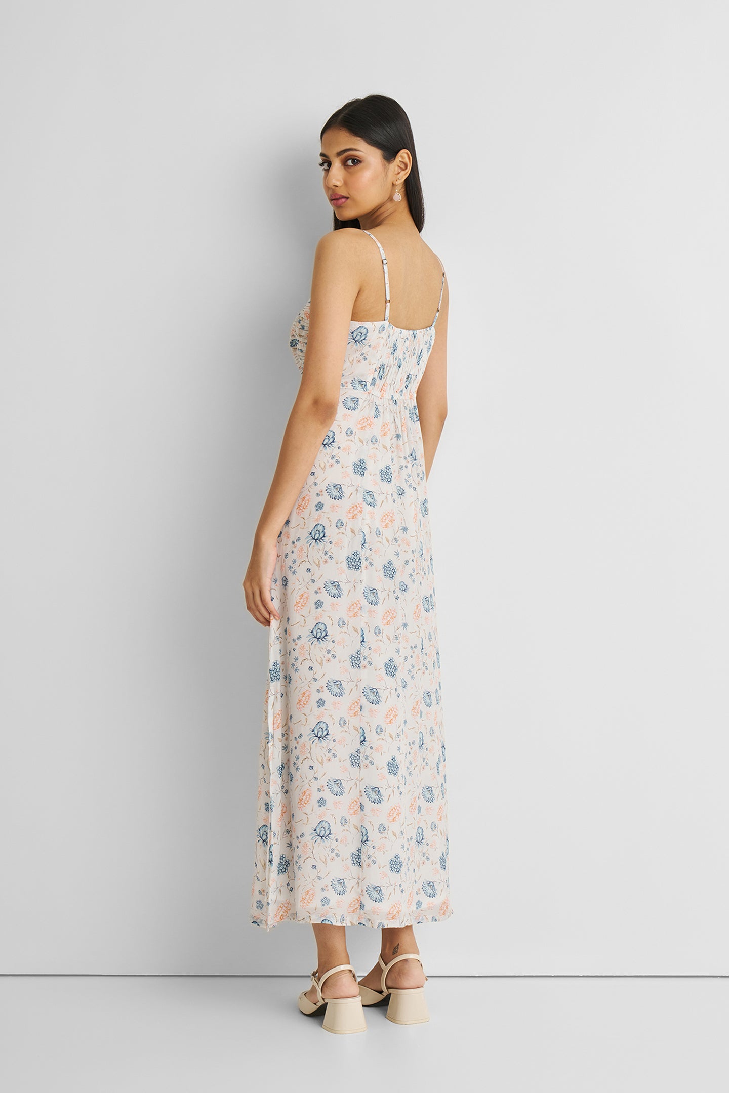 Ruched Strappy Maxi Dress Blue Florals