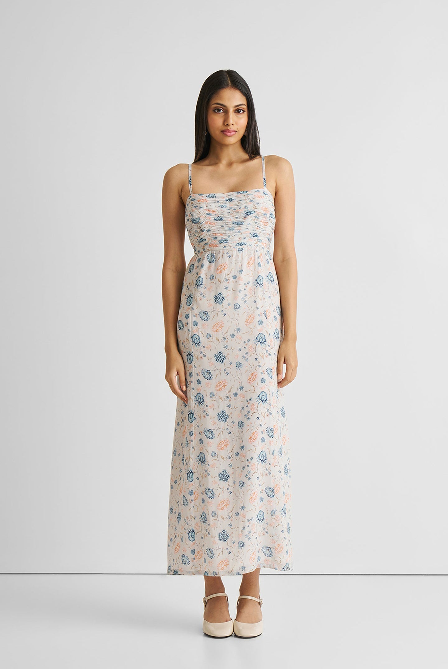 Ruched Strappy Maxi Dress Blue Florals