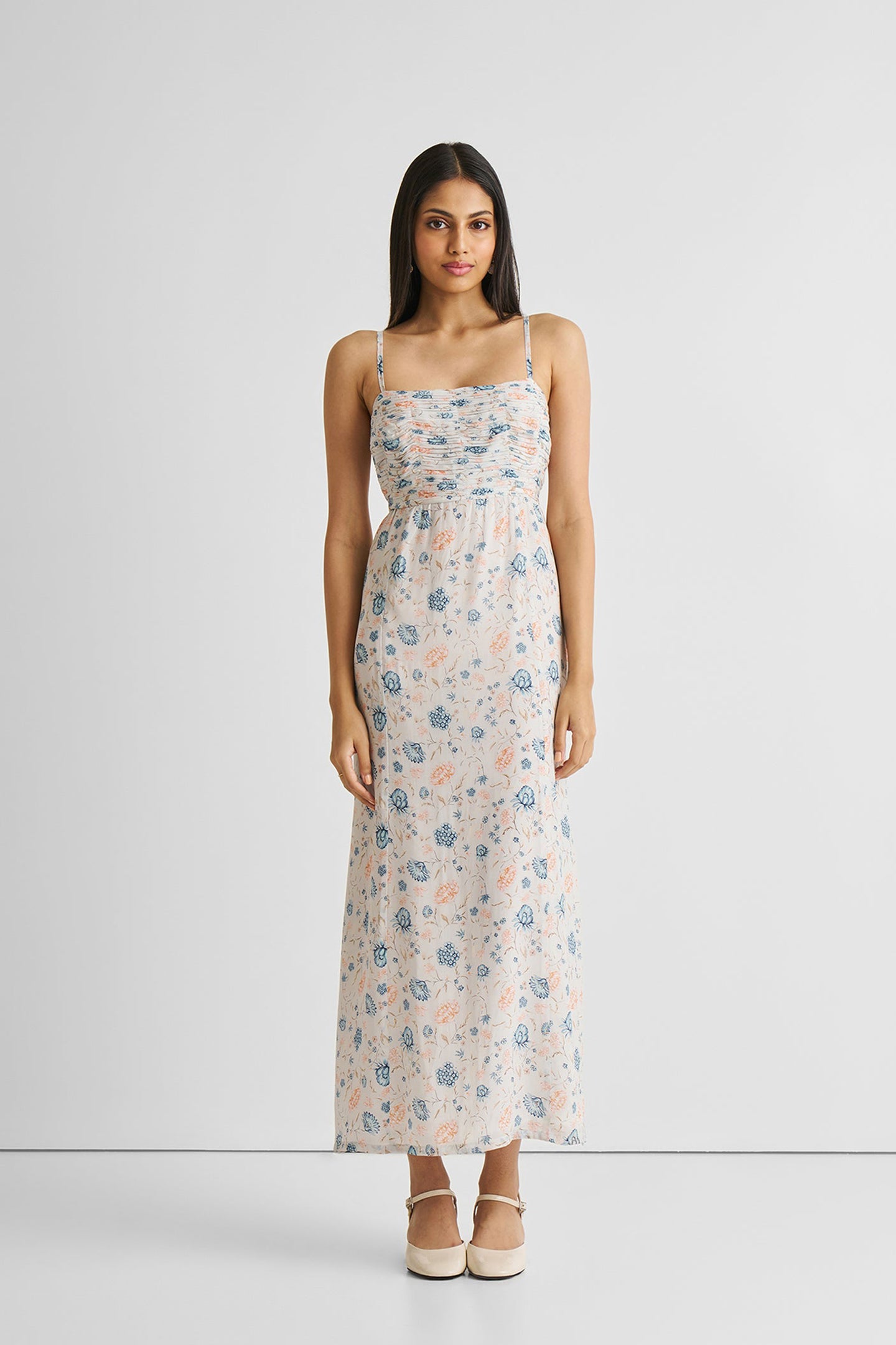 Ruched Strappy Maxi Dress Blue Florals