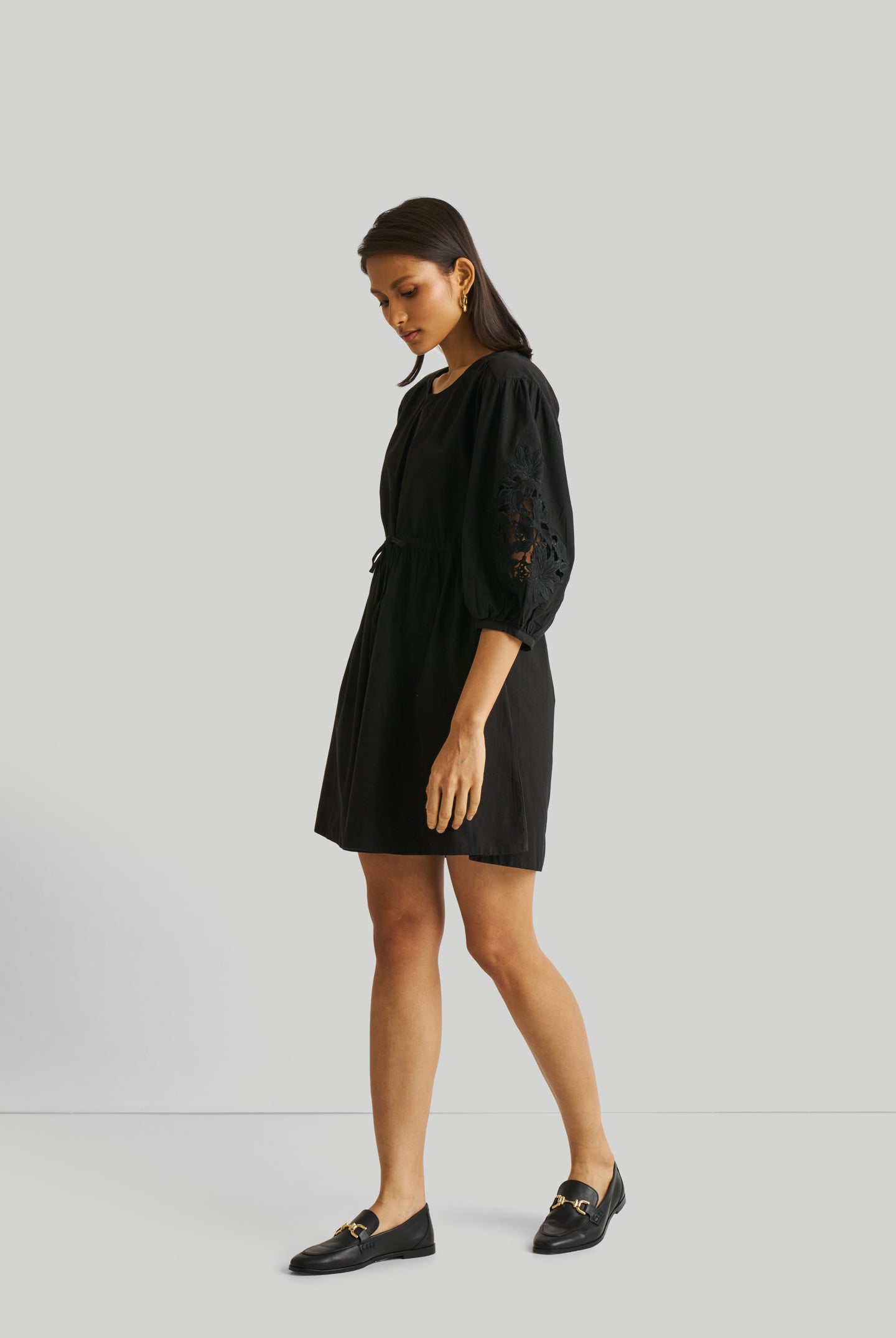 Shirt Dress with Balloon Sleeves in Black