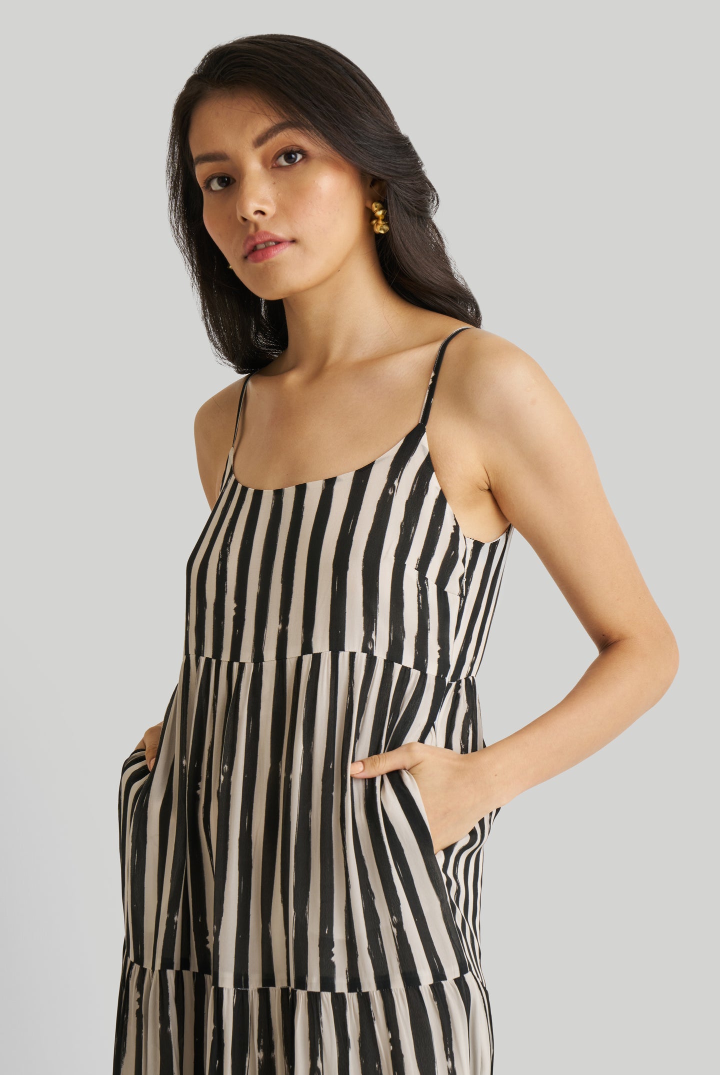 Strappy Tiered Maxi Dress in Black Stripes