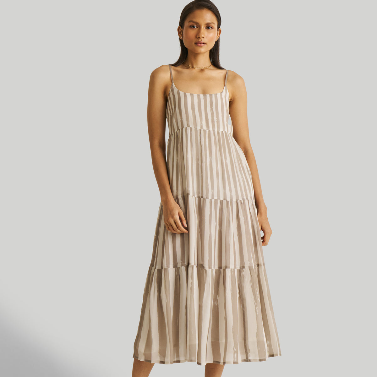 Strappy Tiered Maxi Dress in Beige Stripes  Reistor