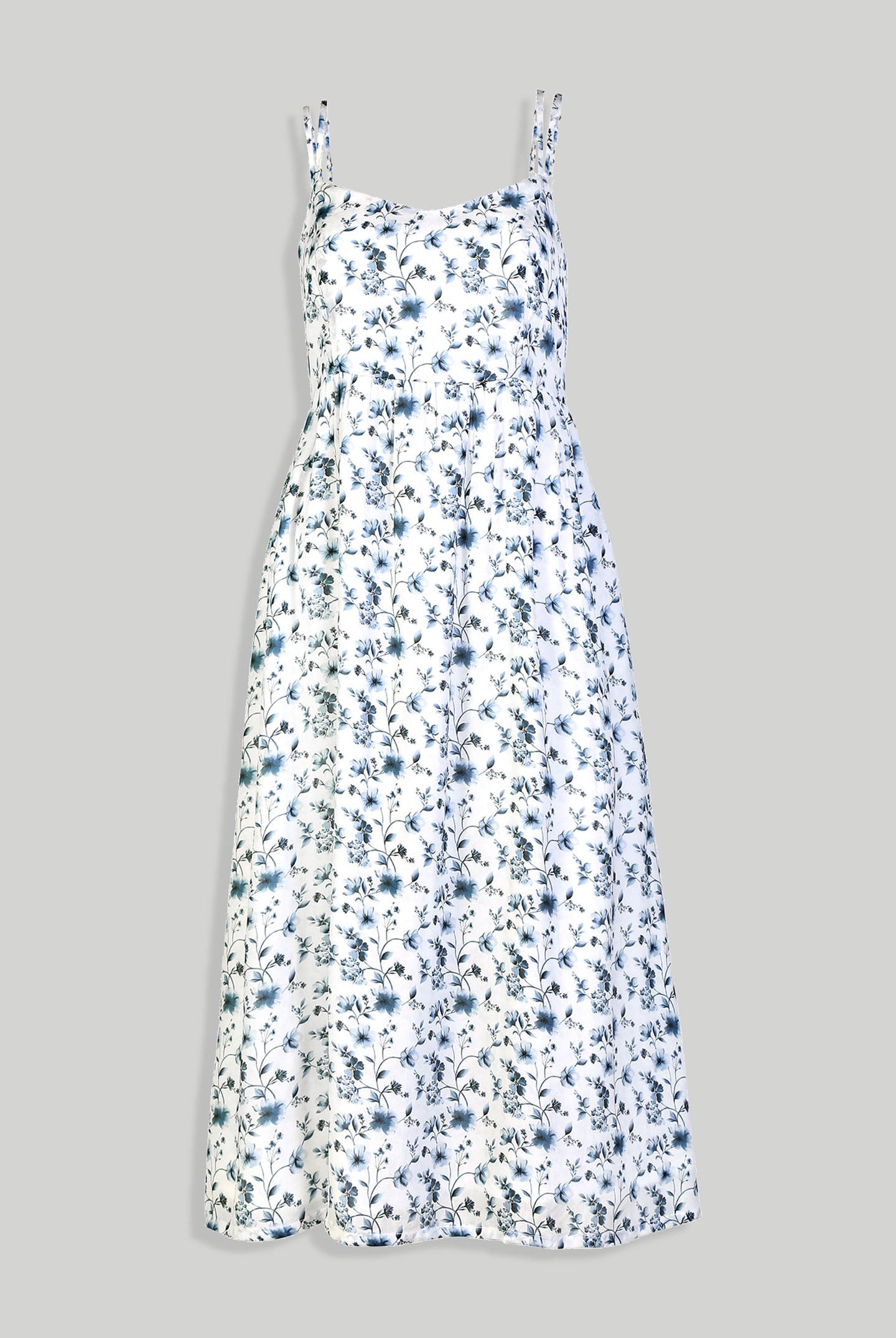 Strappy Gathered Blue Floral Midi Dress