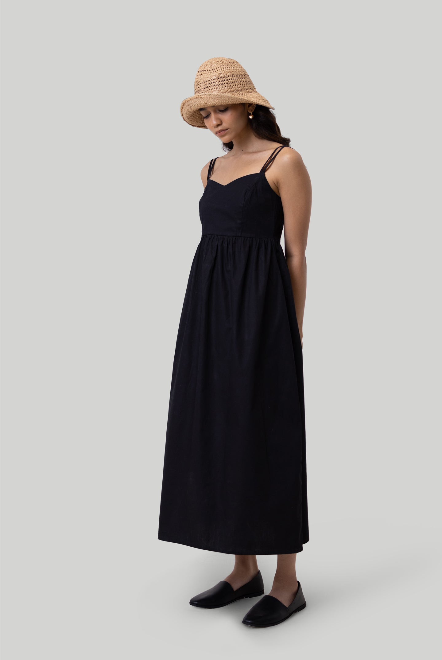 Strappy Gathered Midi Dress in Black