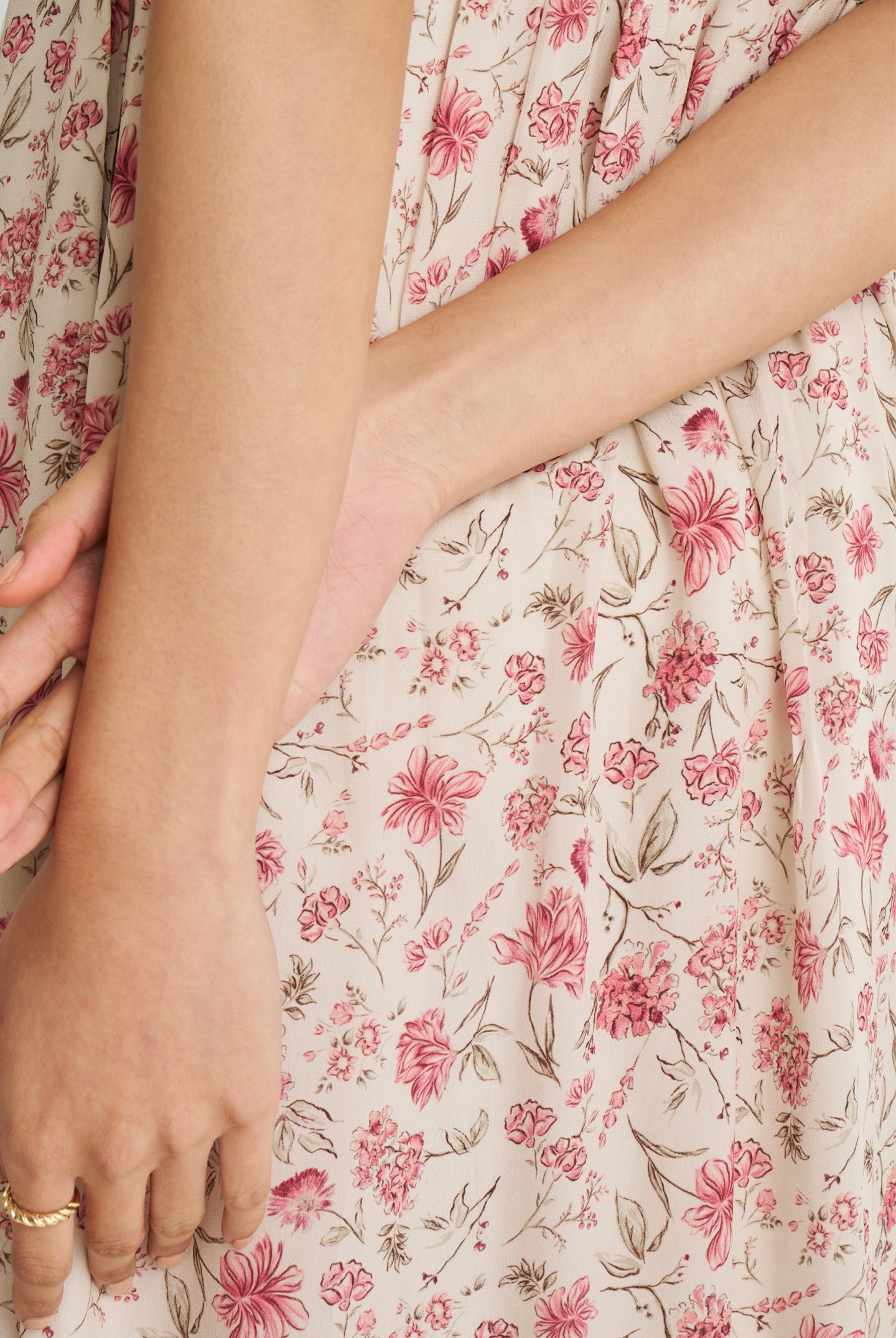 Strappy Gathered Midi Dress in Pink Florals