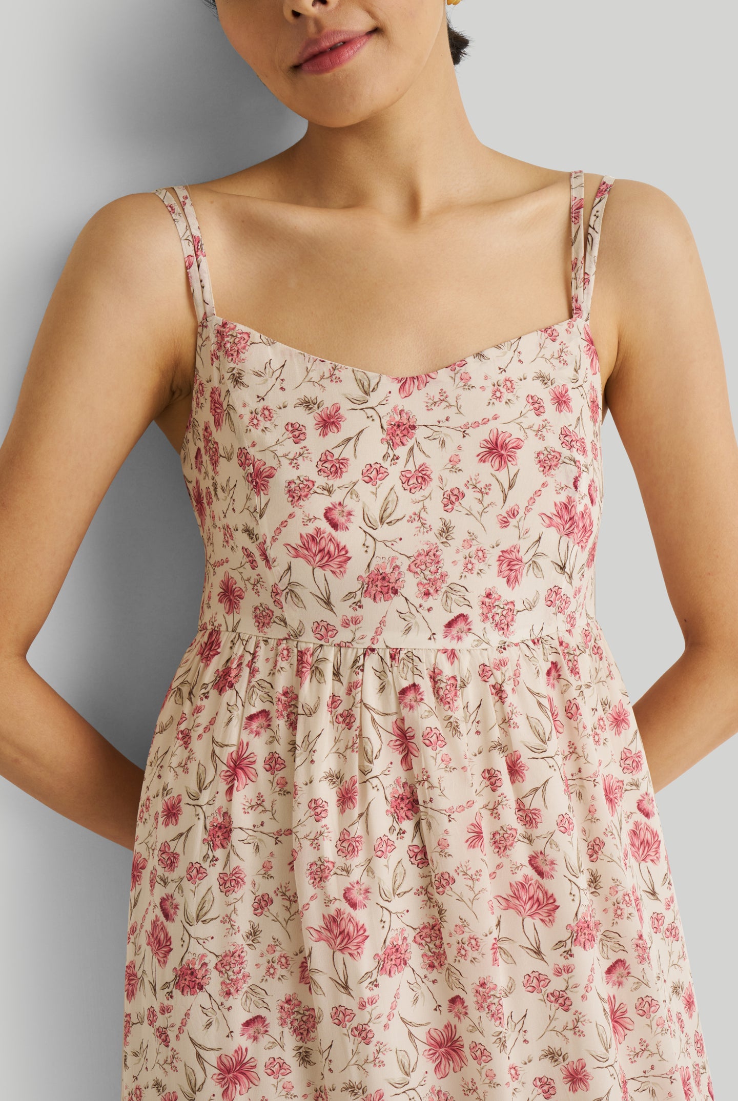 Strappy Gathered Midi Dress in Pink Florals
