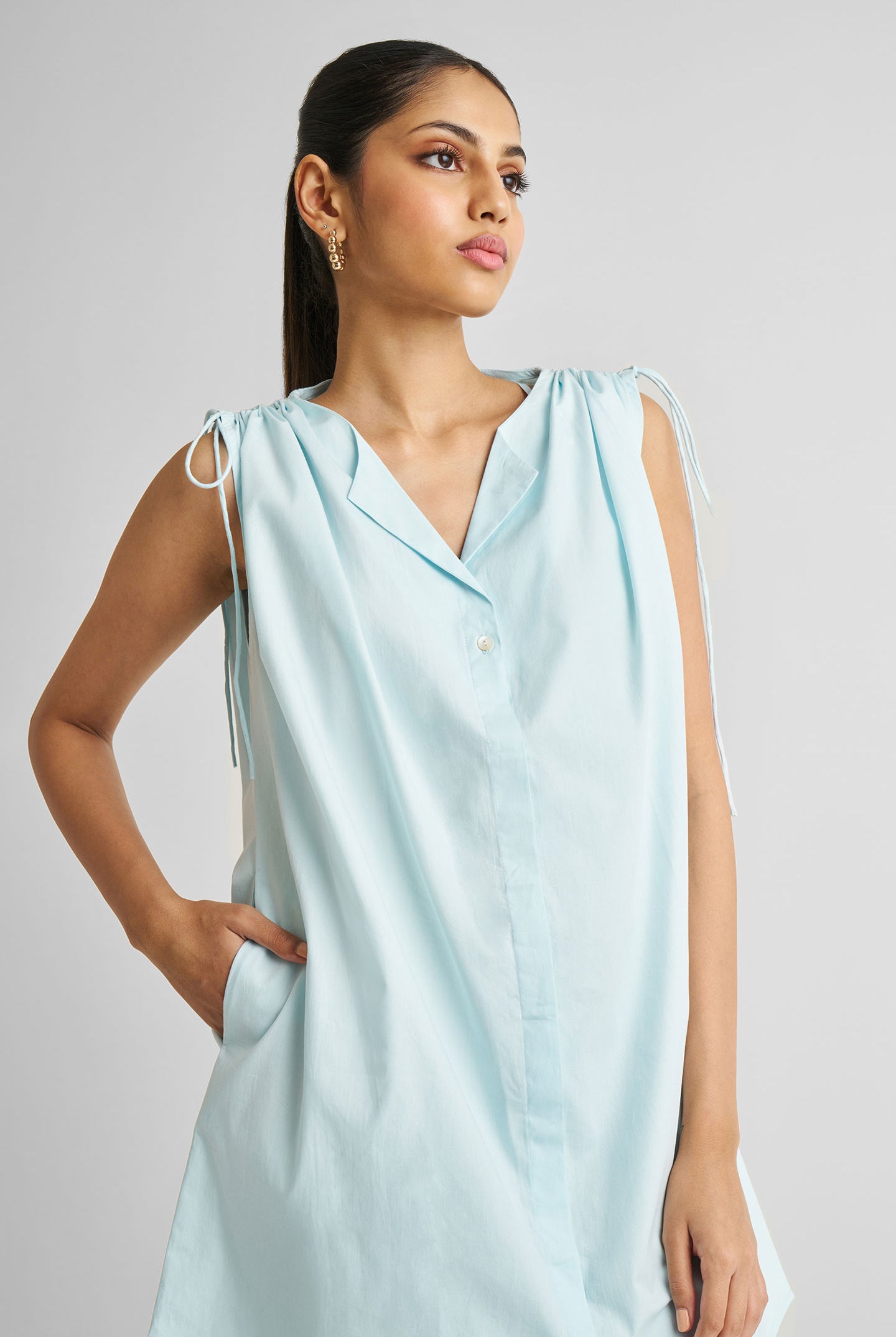 Shirt dress with Shoulder Tie Details in Summer Blue Medium Shot