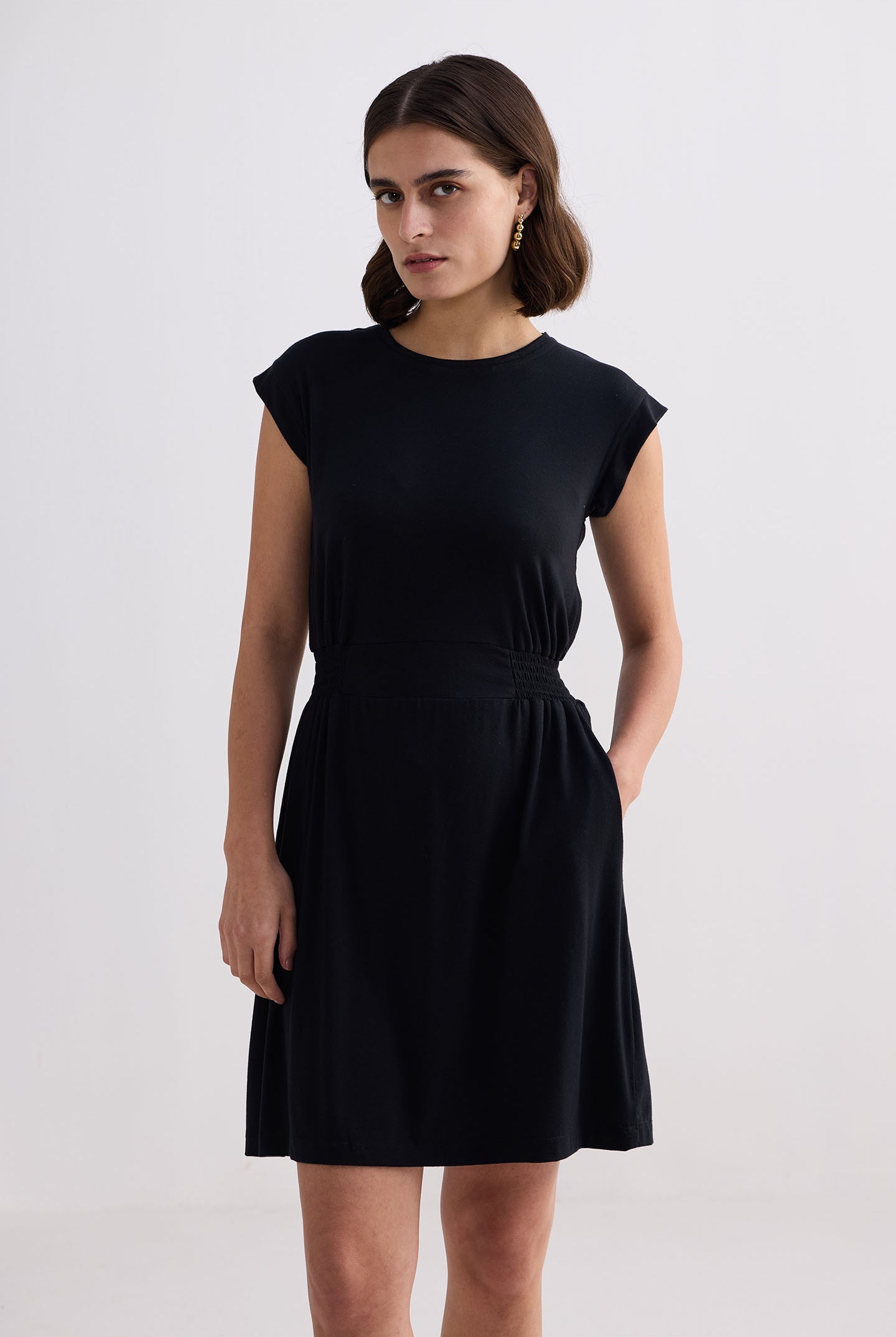 Short Dress With Smocking Side Detail in Black Front