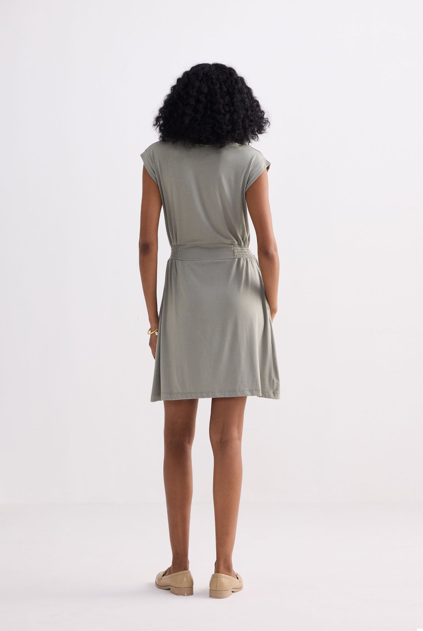 Short Dress With Smocking Side Detail in Light Olive Back