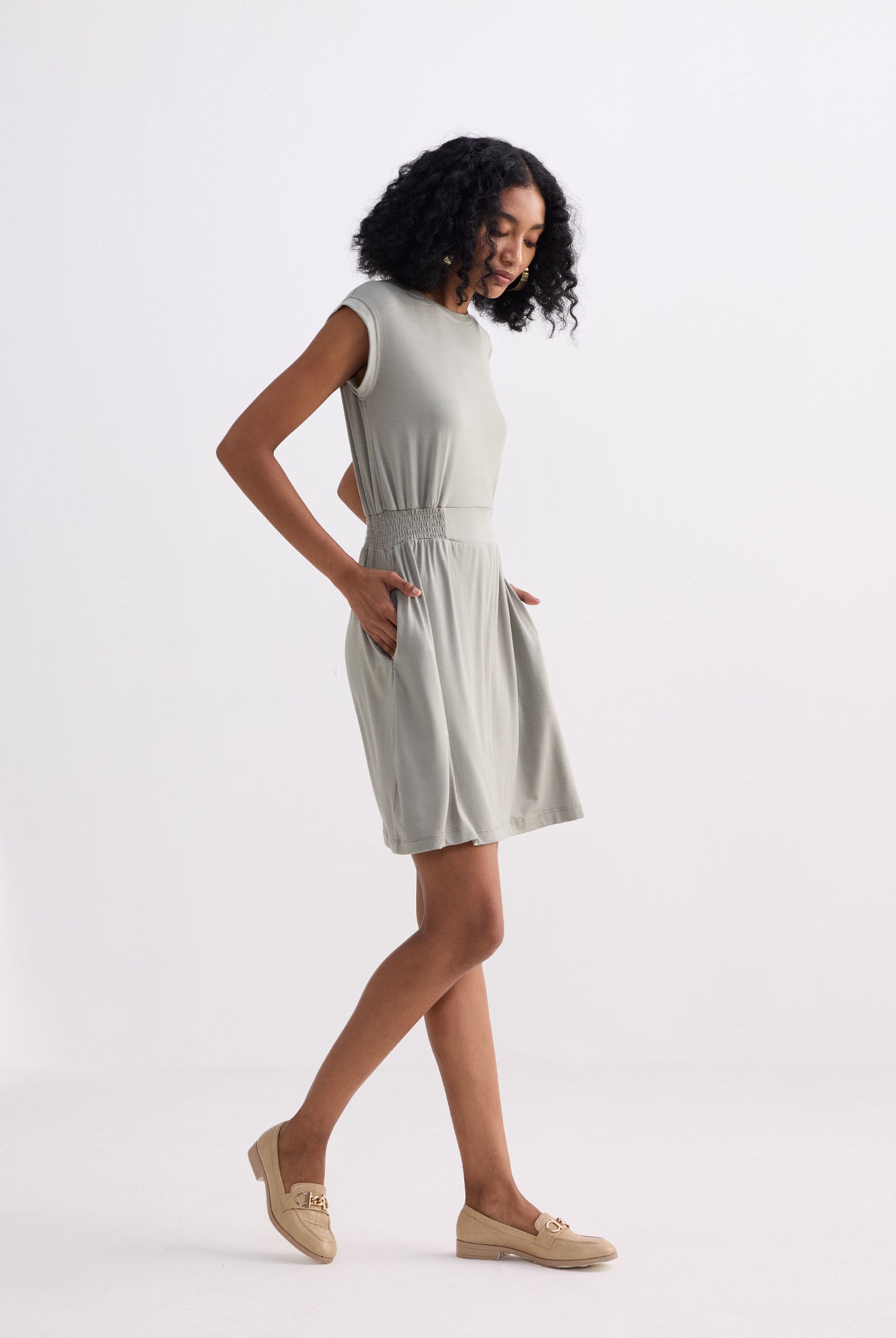 Short Dress With Smocking Side Detail in Light Olive Side