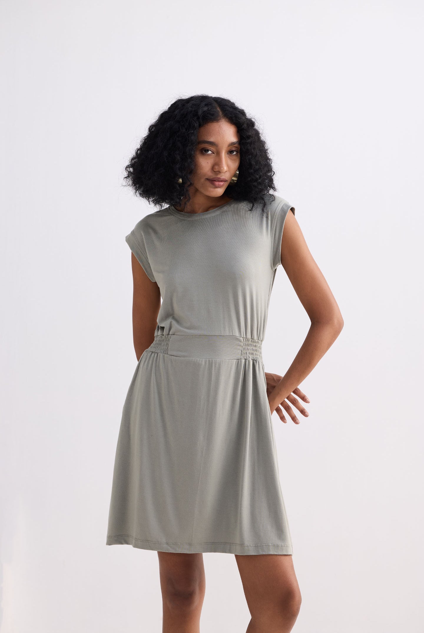 Short Dress With Smocking Side Detail in Light Olive Closeup