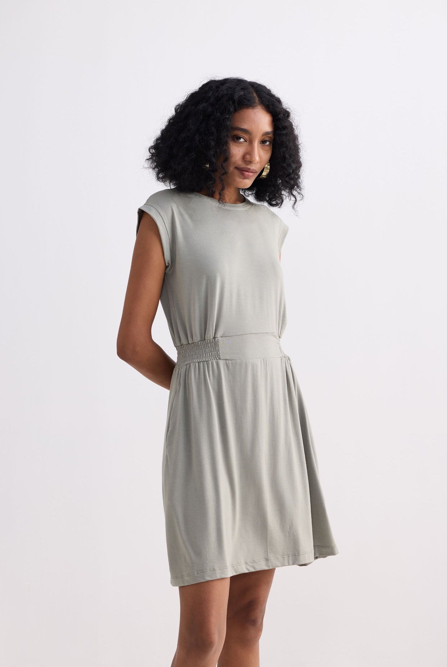 Short Dress With Smocking Side Detail in Light Olive Side