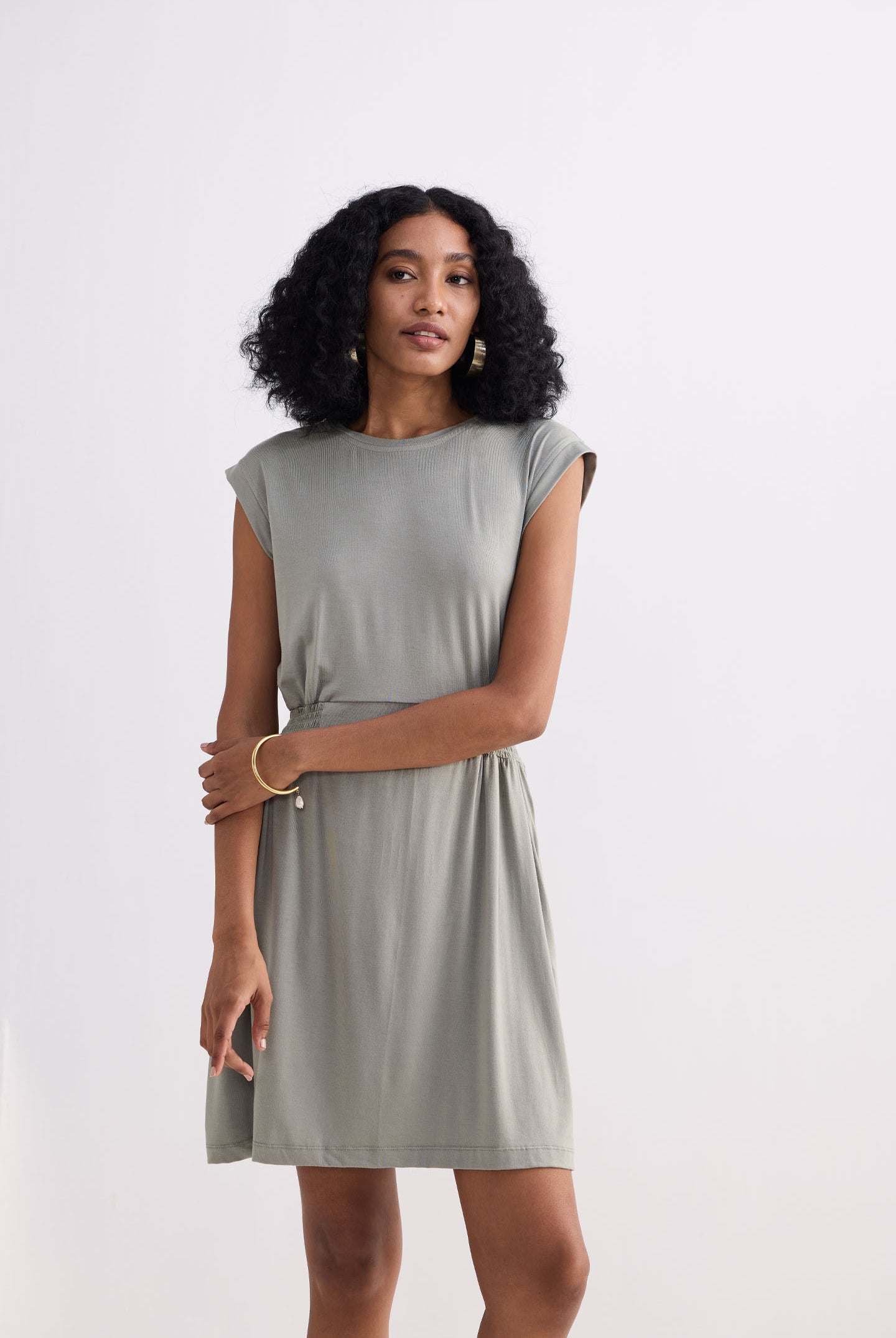 Short Dress With Smocking Side Detail in Light Olive Moodshot