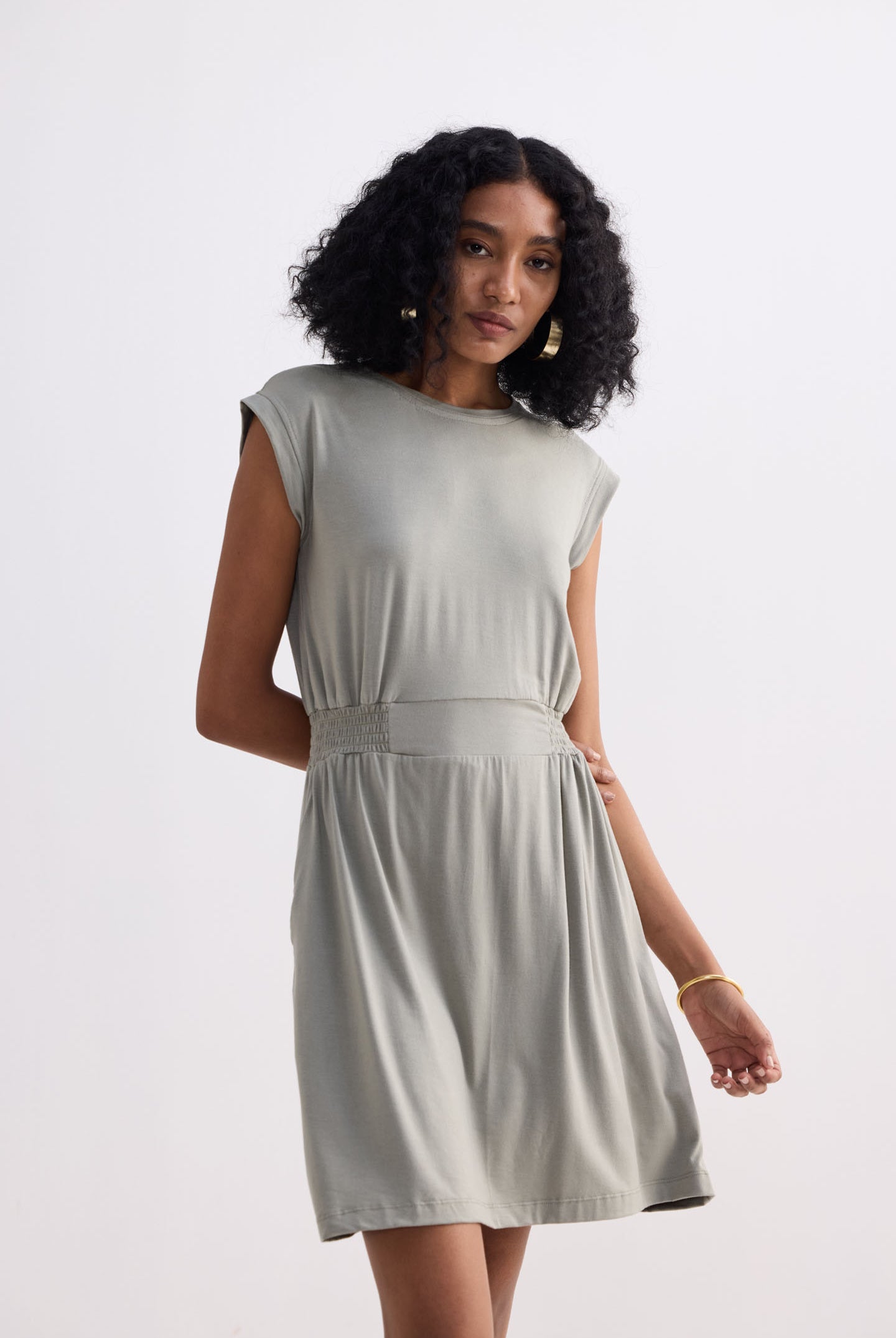 Short Dress With Smocking Side Detail in Light Olive Moodshot