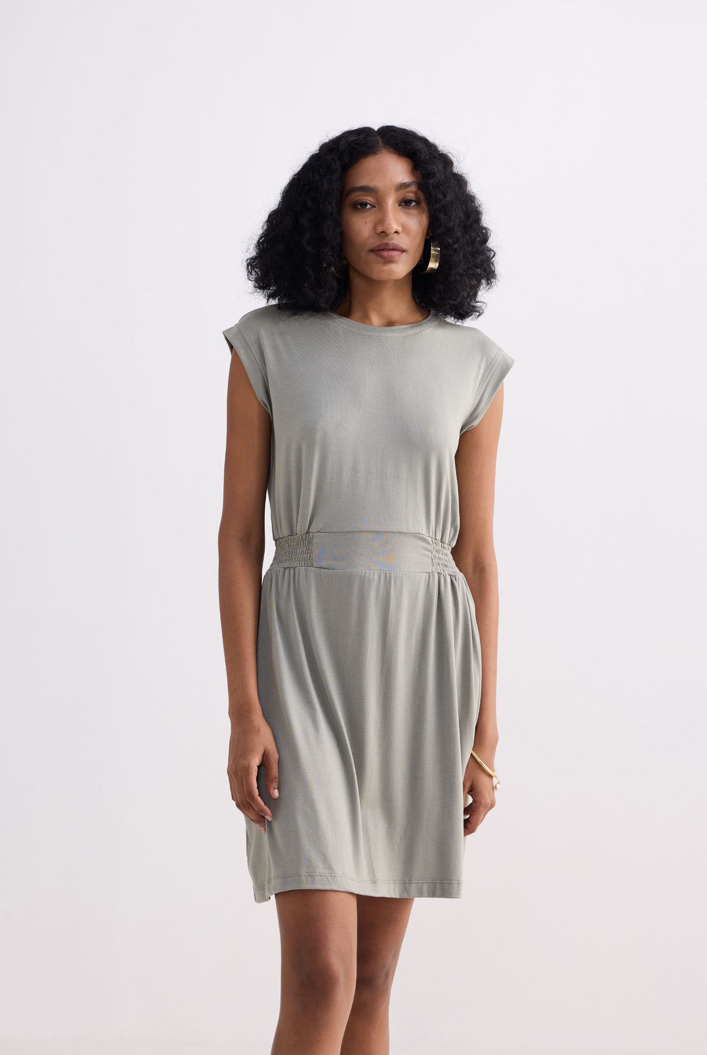 Short Dress With Smocking Side Detail in Light Olive Front