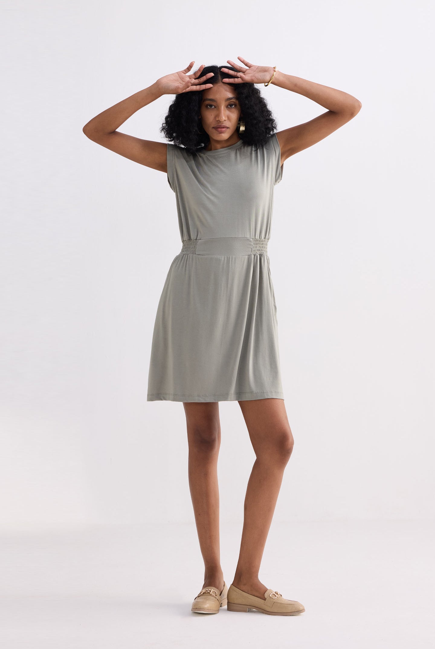 Short Dress With Smocking Side Detail in Light Olive Moodshot