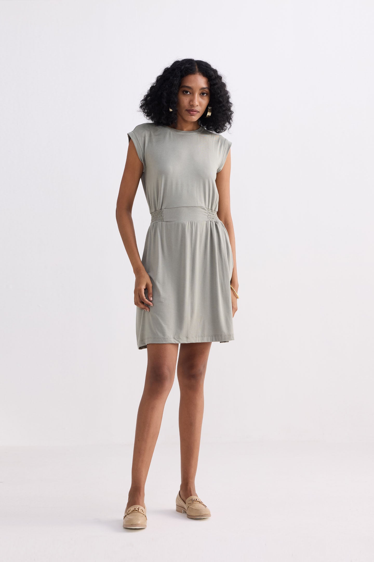 Short Dress With Smocking Side Detail in Light Olive Front