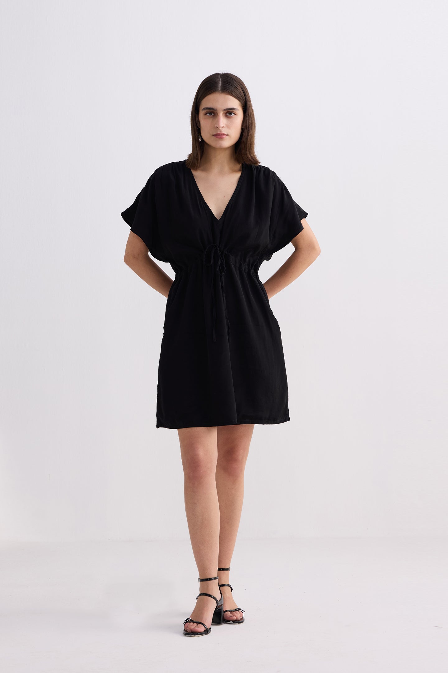Short Gathered Dress in Black Front