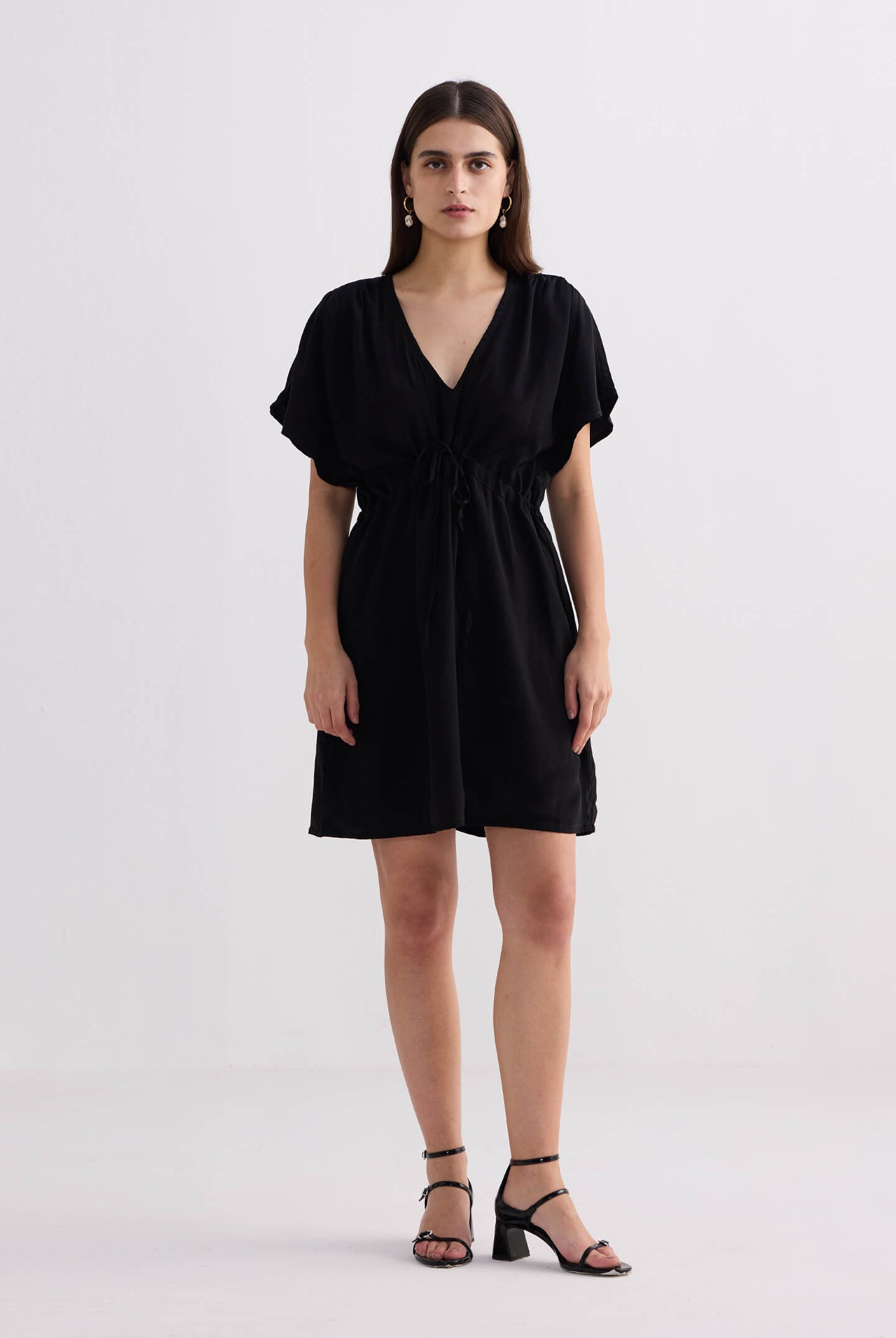 Short Gathered Dress in Black Front