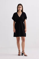Short Gathered Dress in Black Front