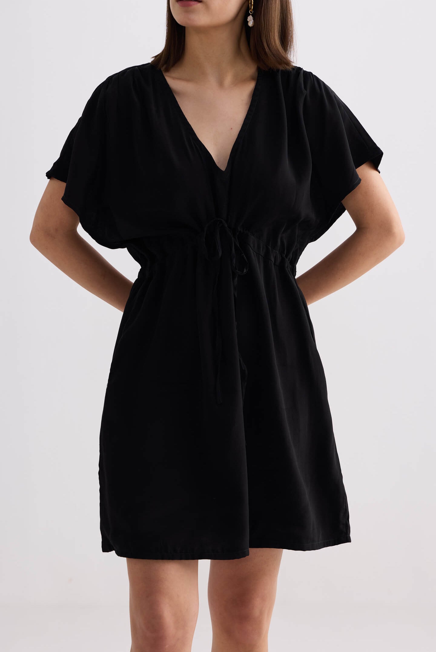 Short Gathered Dress in Black Closeup