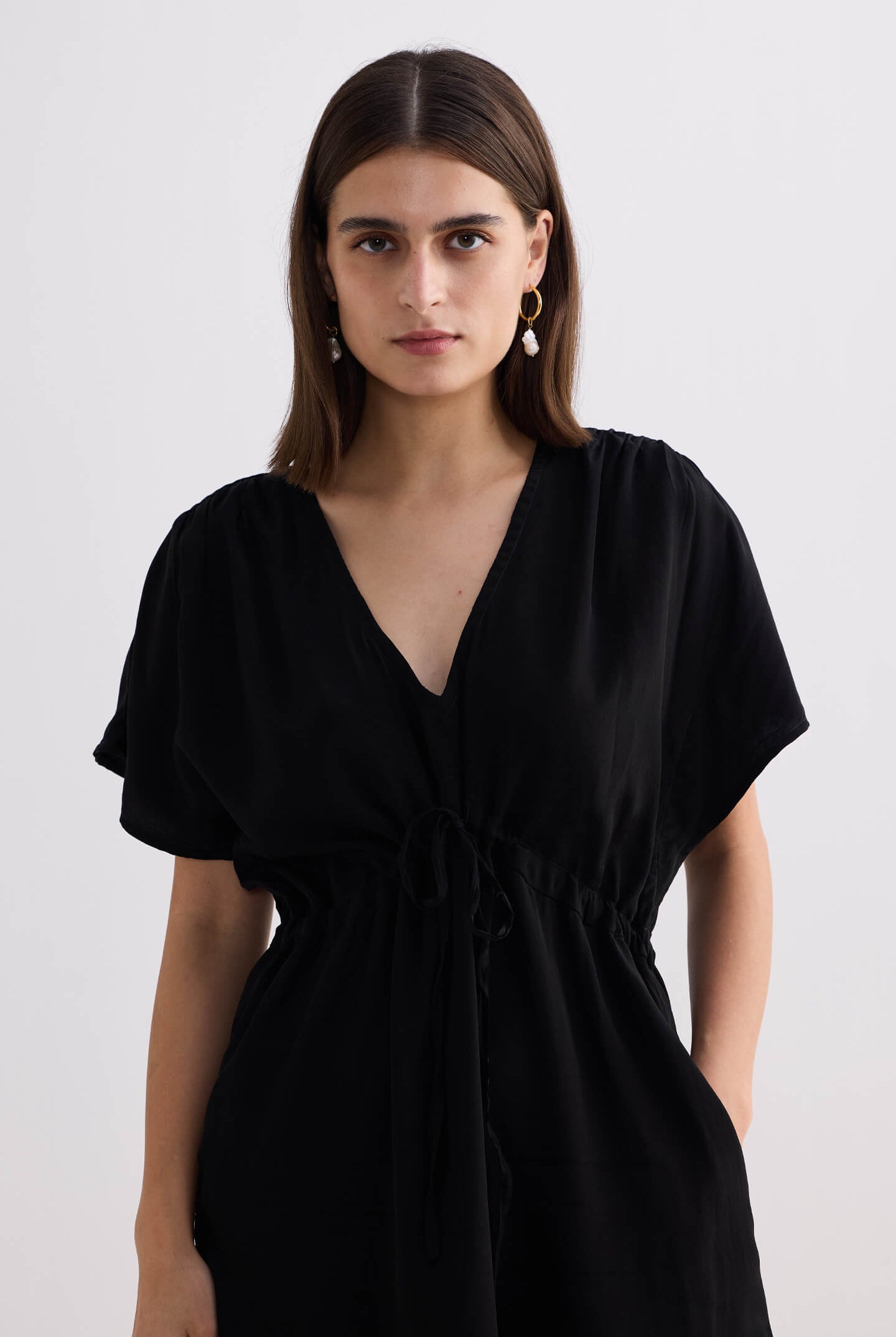 Short Gathered Dress in Black Closeup