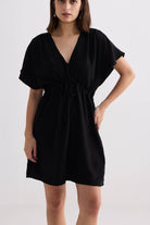 Short Gathered Dress in Black Closeup