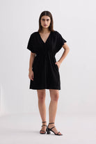Short Gathered Dress in Black Front