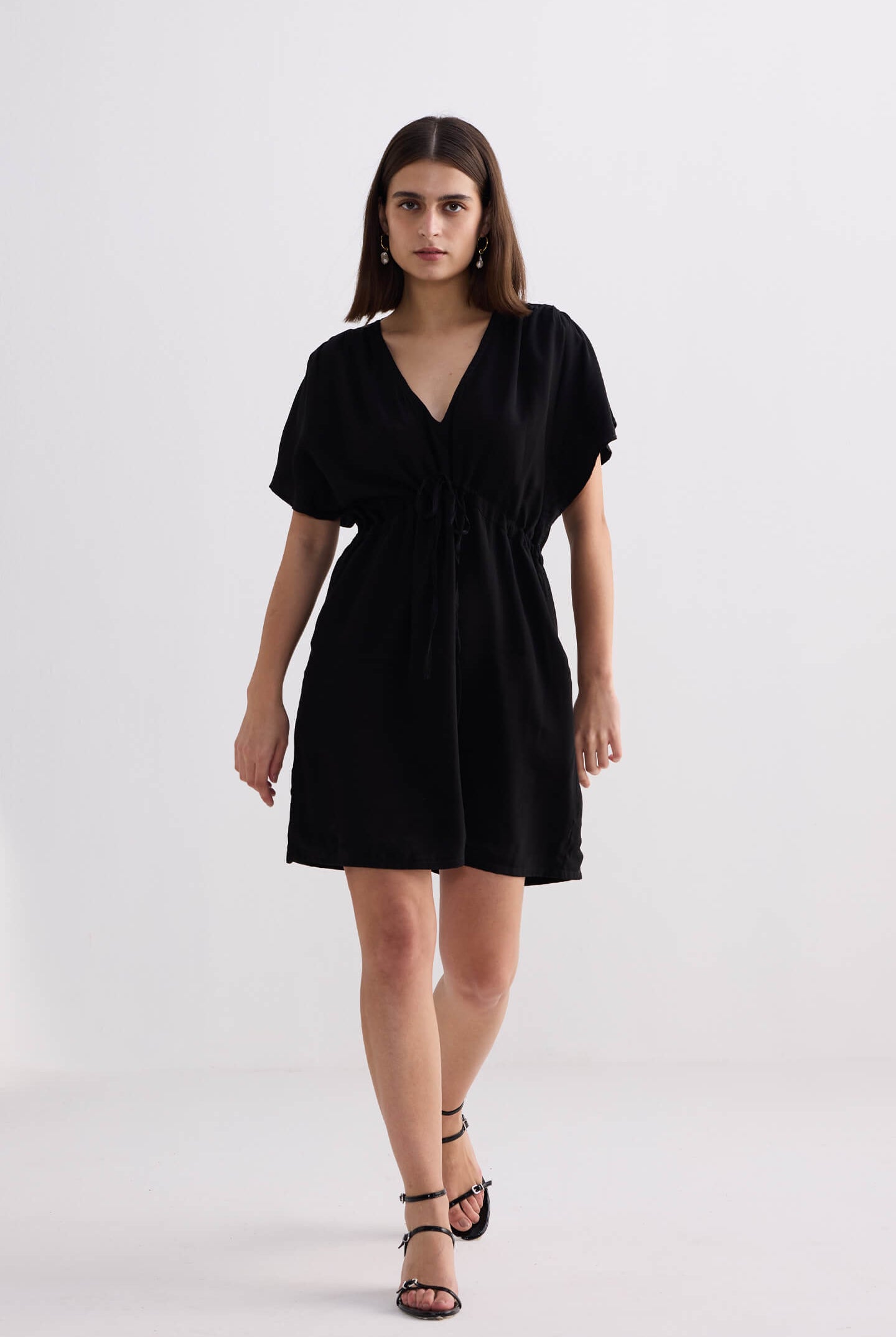 Short Gathered Dress in Black Front
