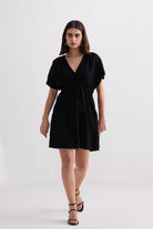Short Gathered Dress in Black Front